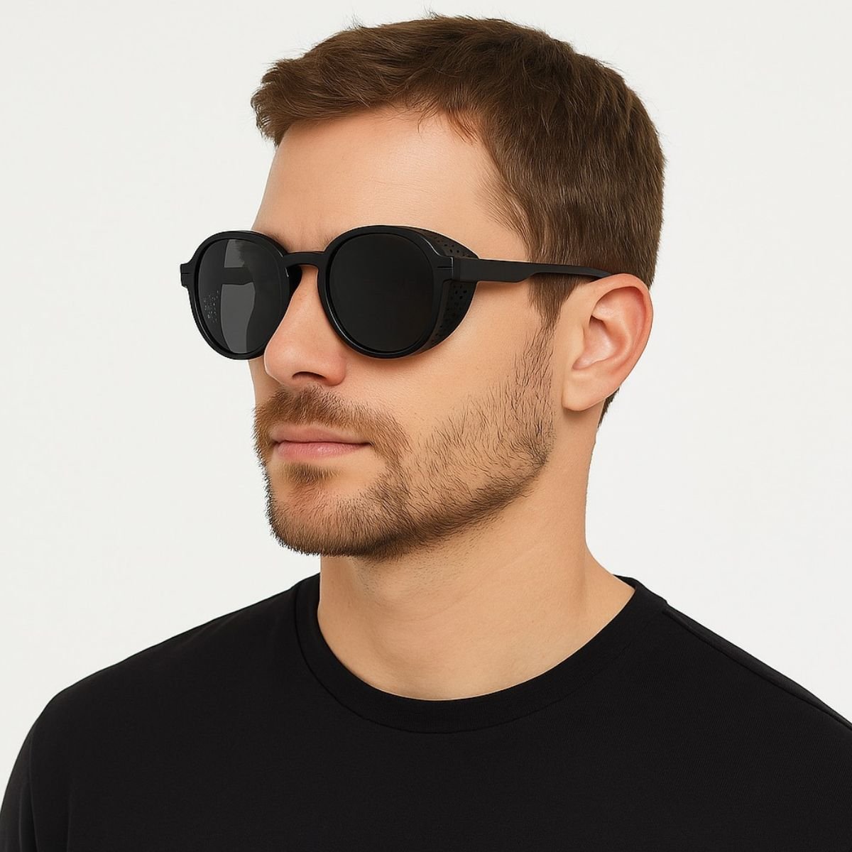 Óculos de Sol Masculino Redondo Preto Estilo Retrô UV400 Preto 2