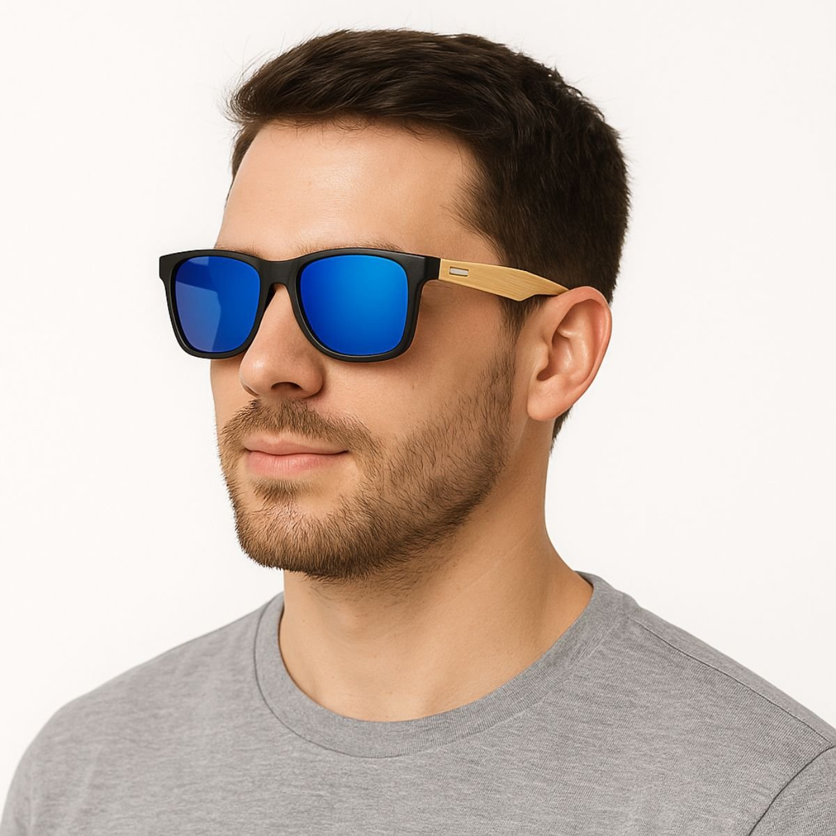 Óculos de Sol Masculino Madeira e Preto com Lente Azul Espelhada Preto/Bege 2