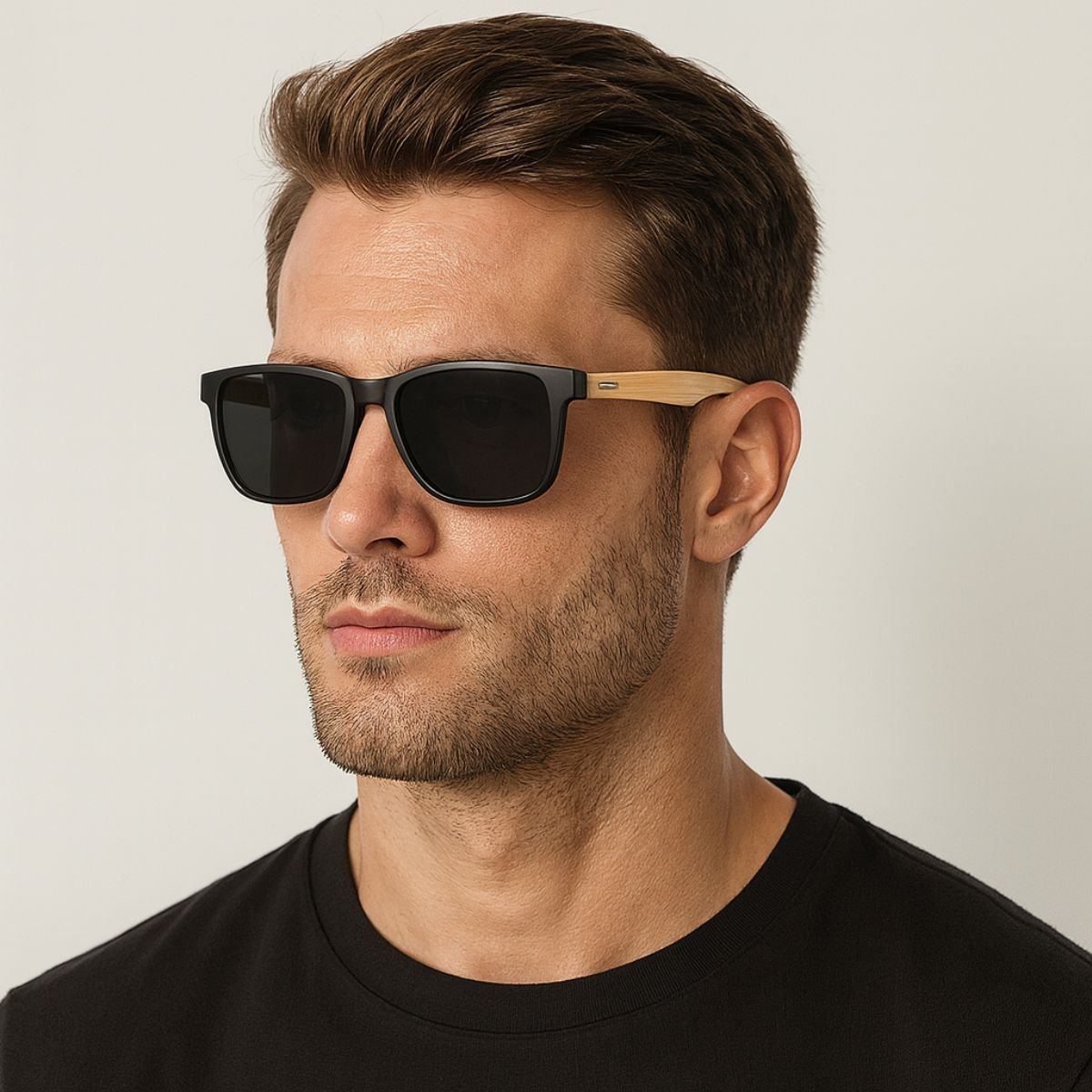 Óculos de Sol Masculino Preto com Hastes de Bambu UV400 Preto/Bege 2