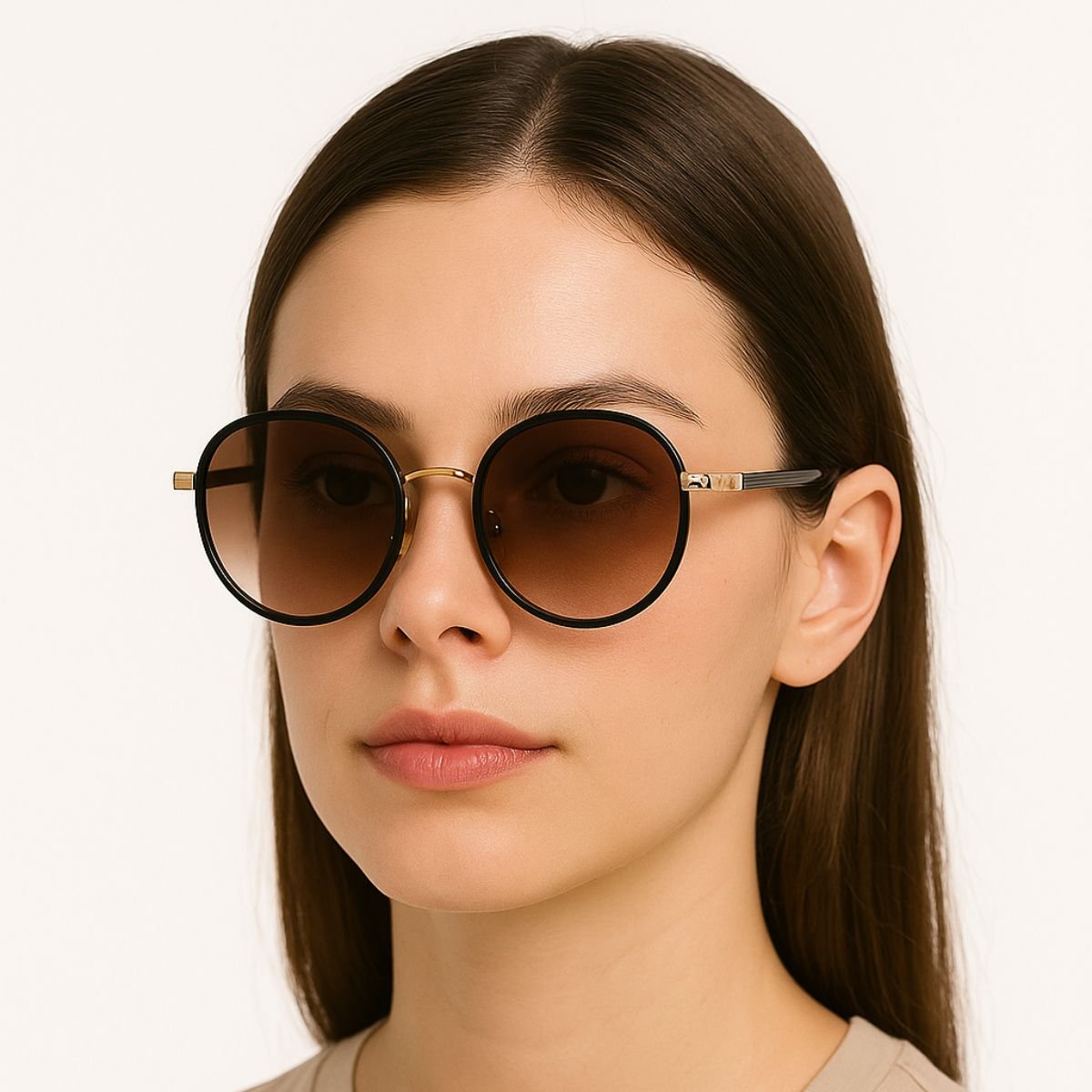 Óculos de Sol Feminino Redondo Dourado com Lente Marrom UV400 Preto 2