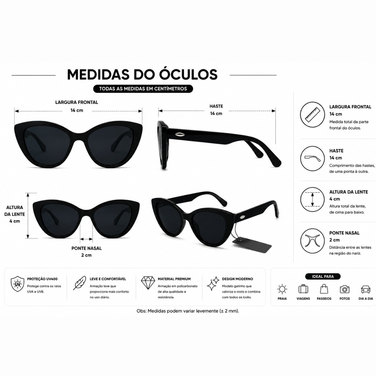 Óculos de Sol Feminino Gatinho UV400 Fashion Casual Elegante Premium Preto 5