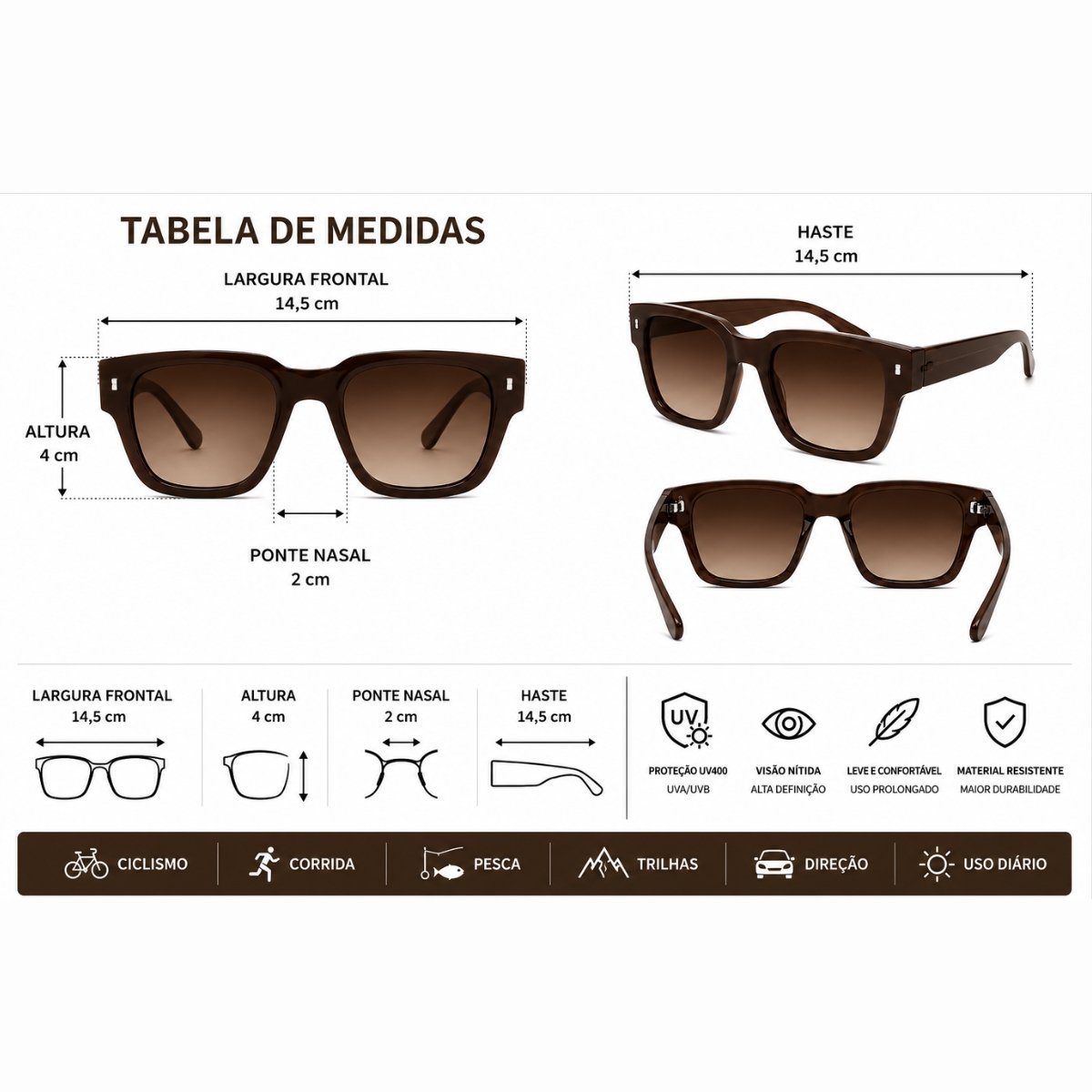 Óculos de Sol Polarizado UV400 Quadrado Premium Unissex Casual Marrom 5