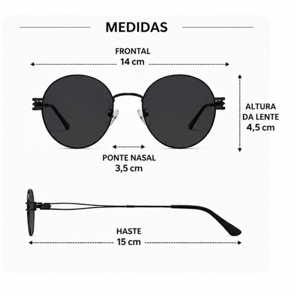 Óculos de Sol Redondo Retrô Vintage Proteção UV Preto 3