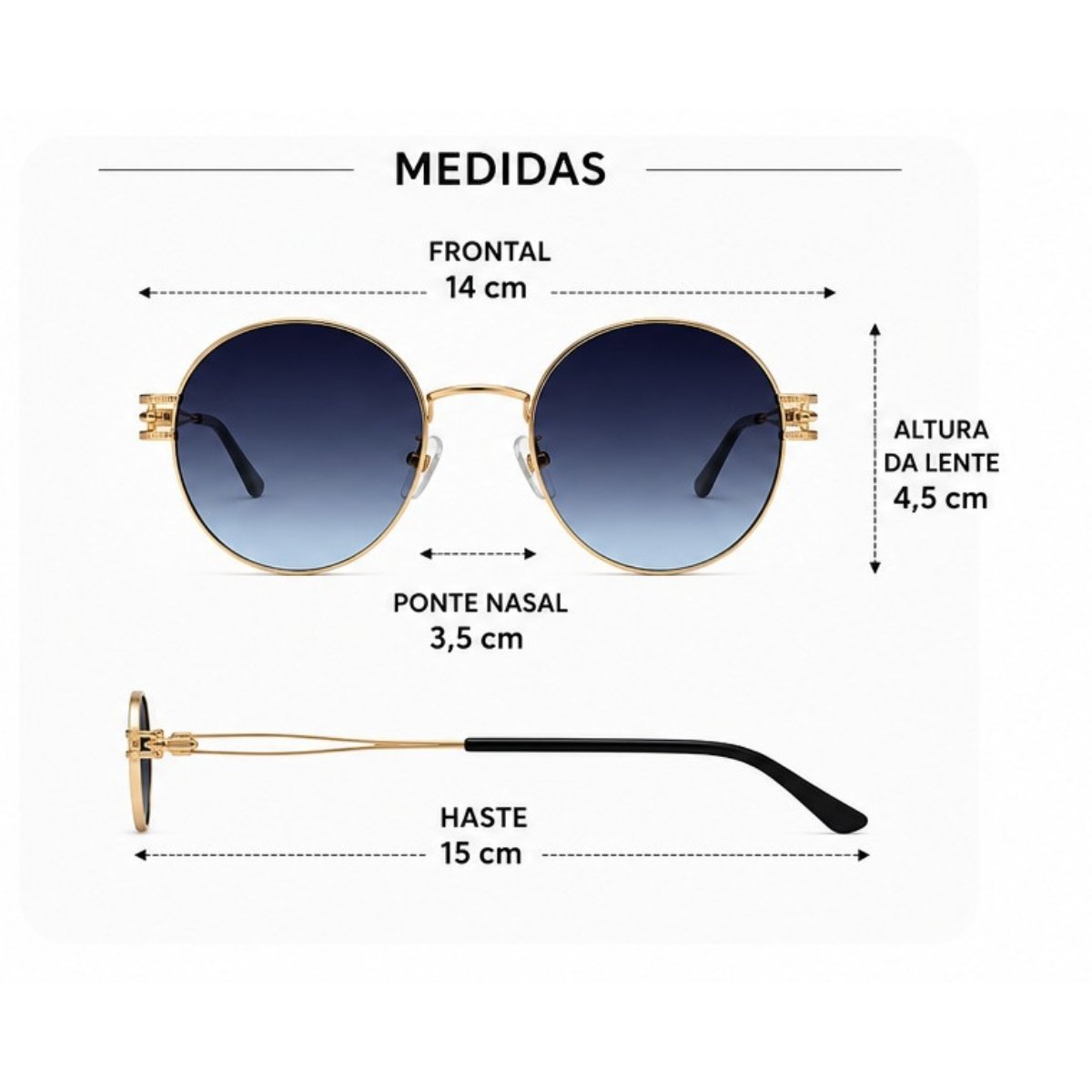 Óculos de Sol Redondo Retrô Vintage Proteção UV Dourado 4