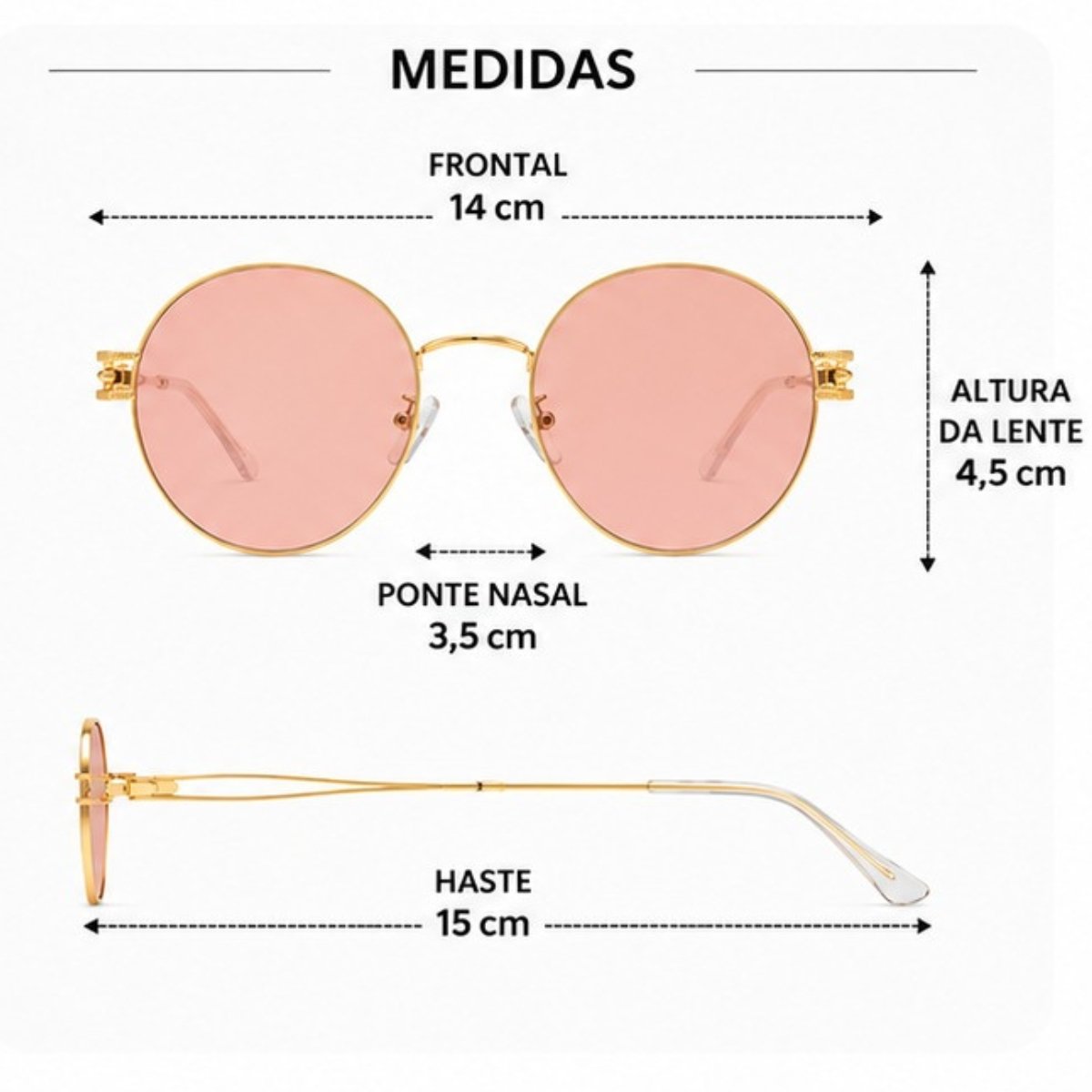 Óculos de Sol Redondo Retrô Vintage Proteção UV Dourado 3
