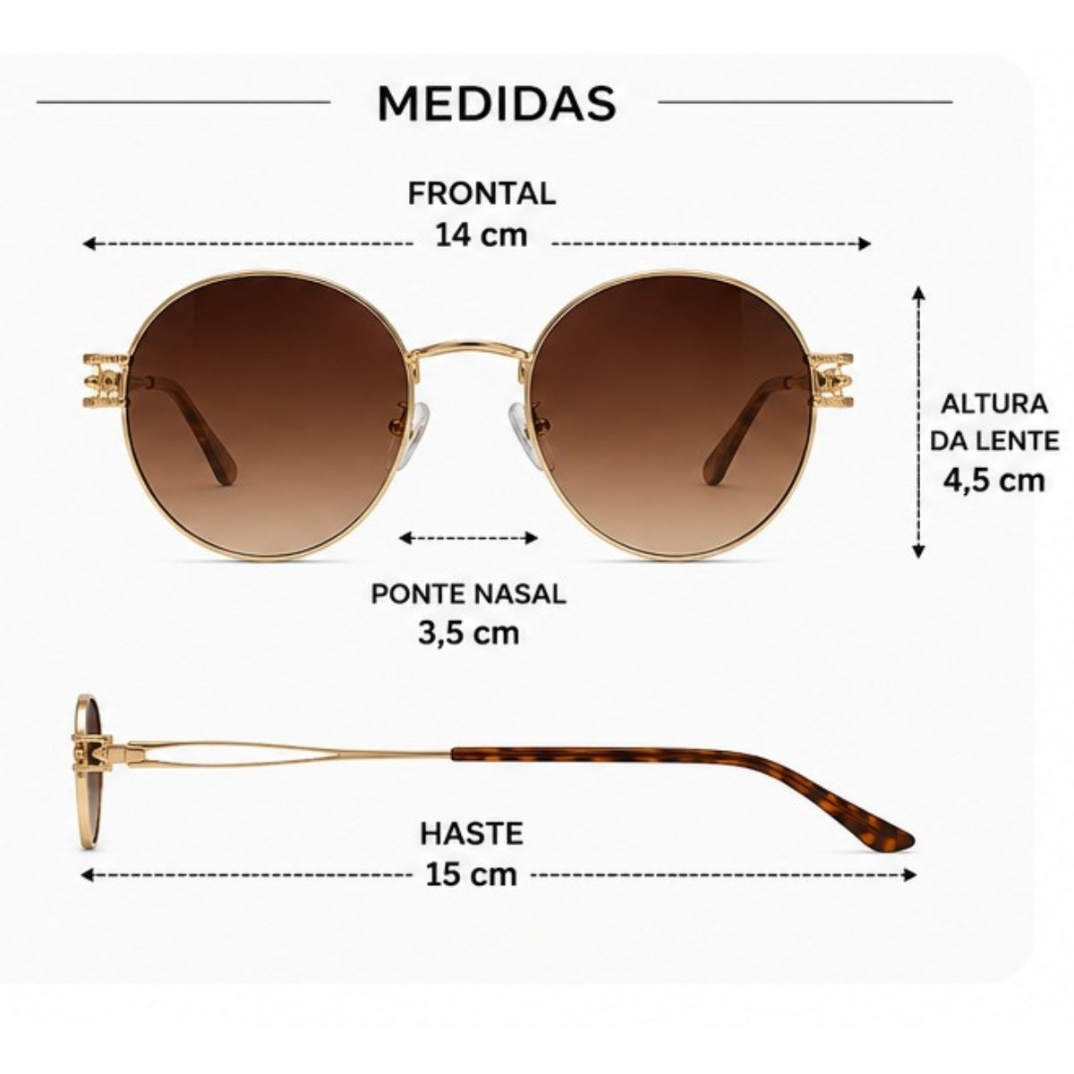 Óculos de Sol Redondo Retrô Vintage Proteção UV Dourado 2