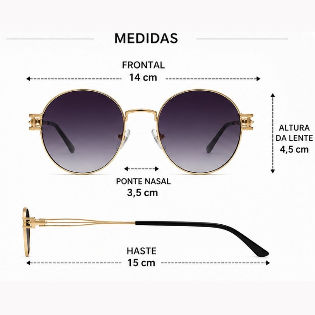 Óculos de Sol Redondo Retrô Vintage Proteção UV Dourado 3
