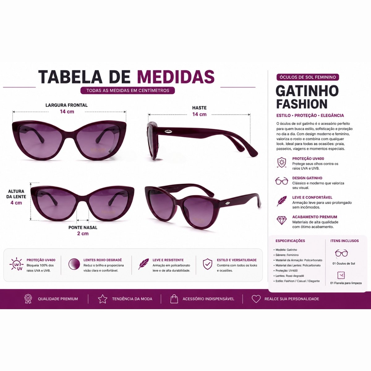 Kit 2 Óculos de Sol Feminino Gatinho Vintage Retrô Fashion Elegante Multicores 6