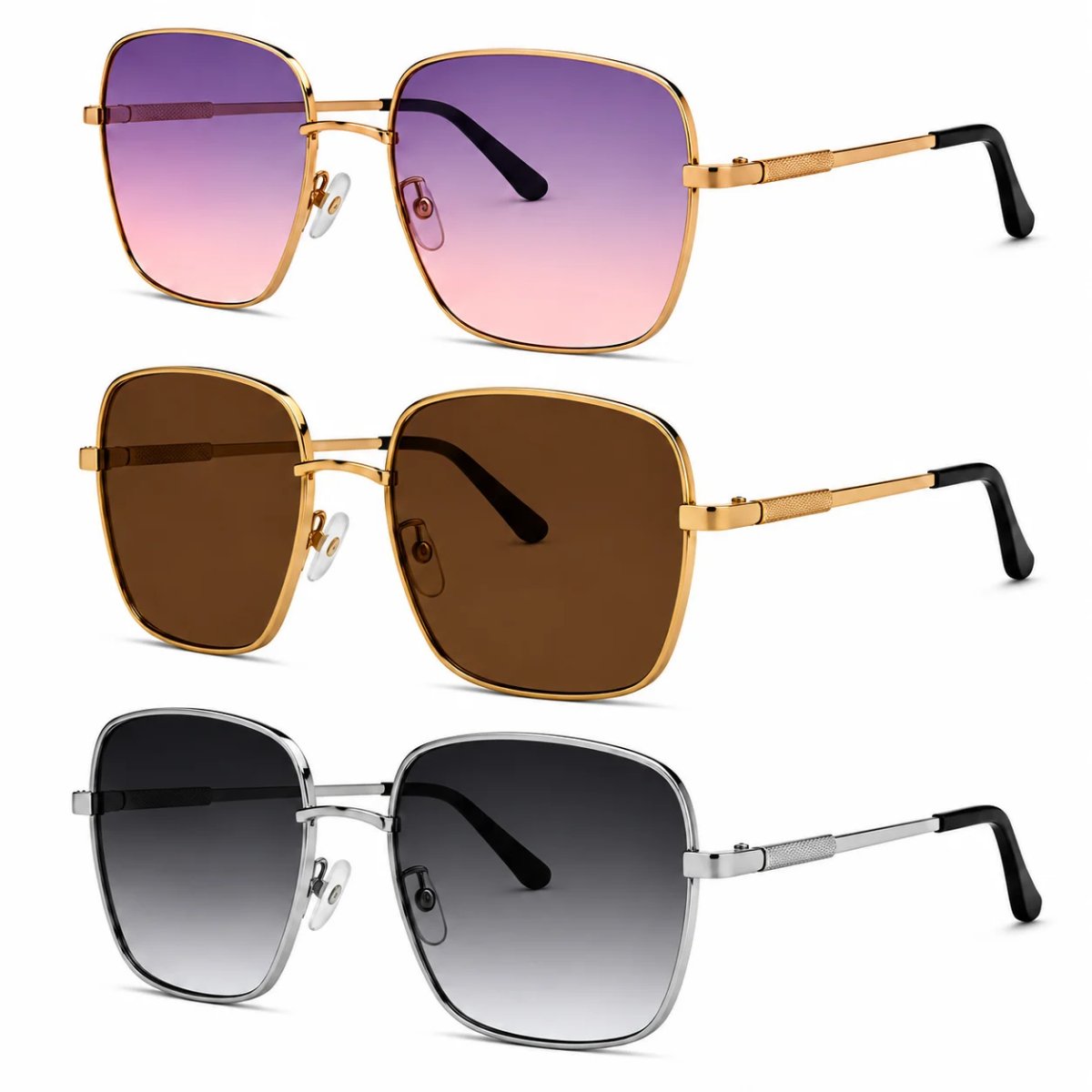 Kit 3 Óculos de Sol Feminino Quadrado Oversized Grande Fashion Luxo Degradê