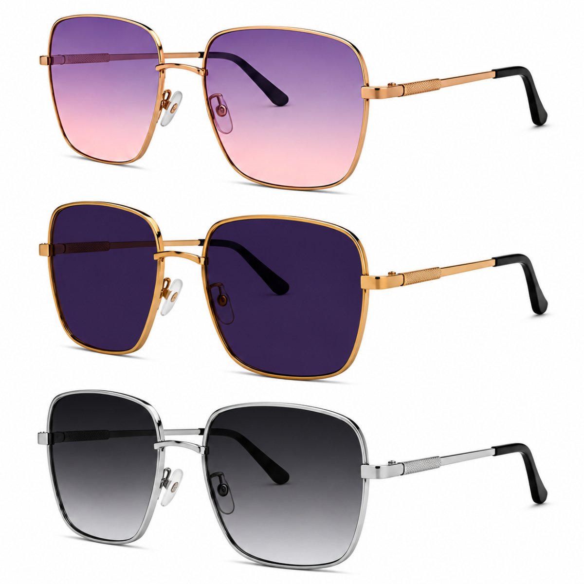 Kit 3 Óculos de Sol Feminino Quadrado Oversized Grande Fashion Luxo Degradê