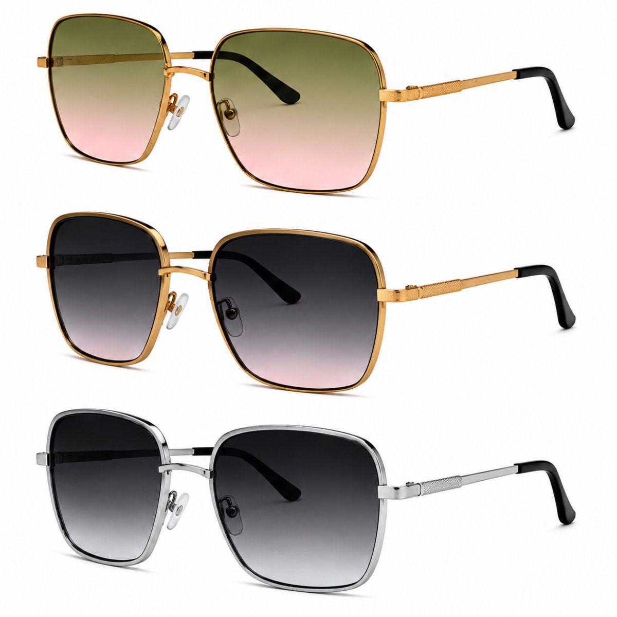 Kit 3 Óculos de Sol Feminino Quadrado Oversized Grande Fashion Luxo Degradê