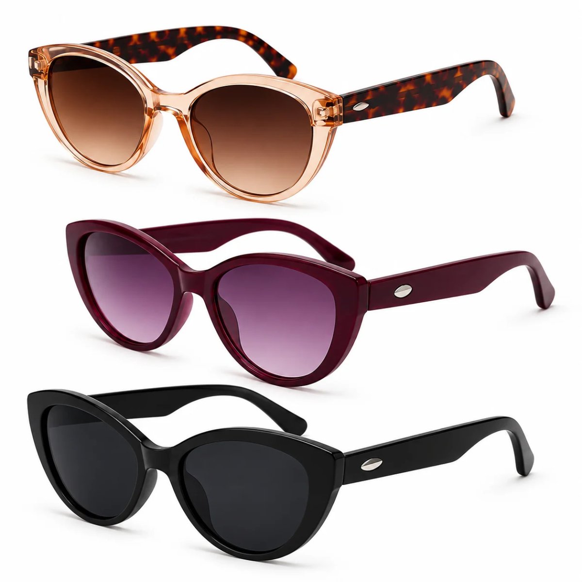 Kit 3 Óculos de Sol Feminino Gatinho Vintage Retrô Fashion Lentes Degradê Multicores 2