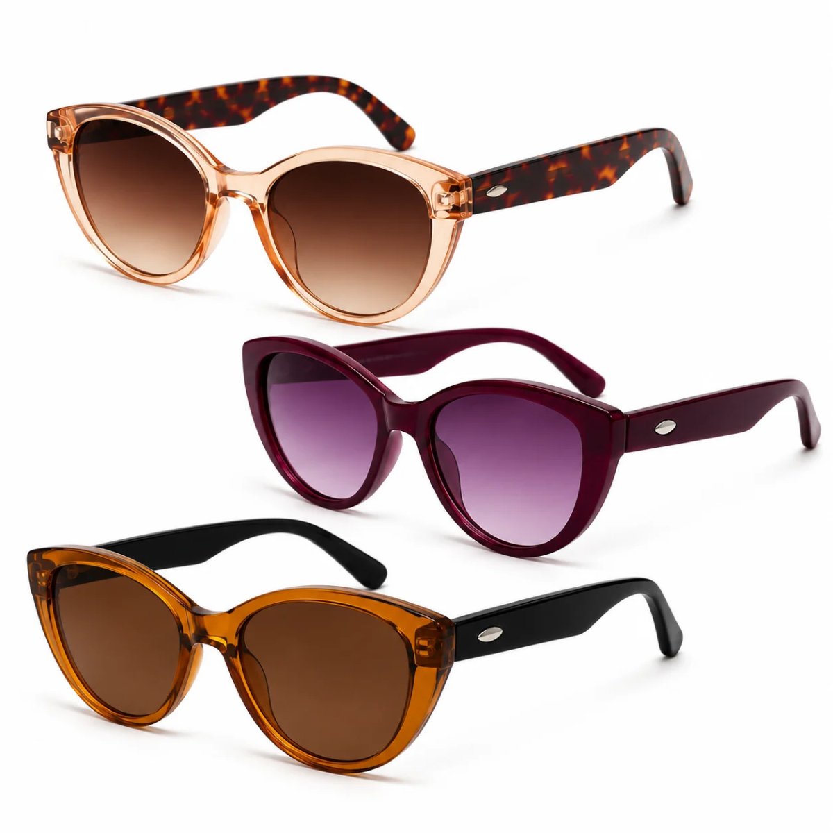 Kit 3 Óculos de Sol Feminino Gatinho Vintage Retrô Fashion Lentes Degradê