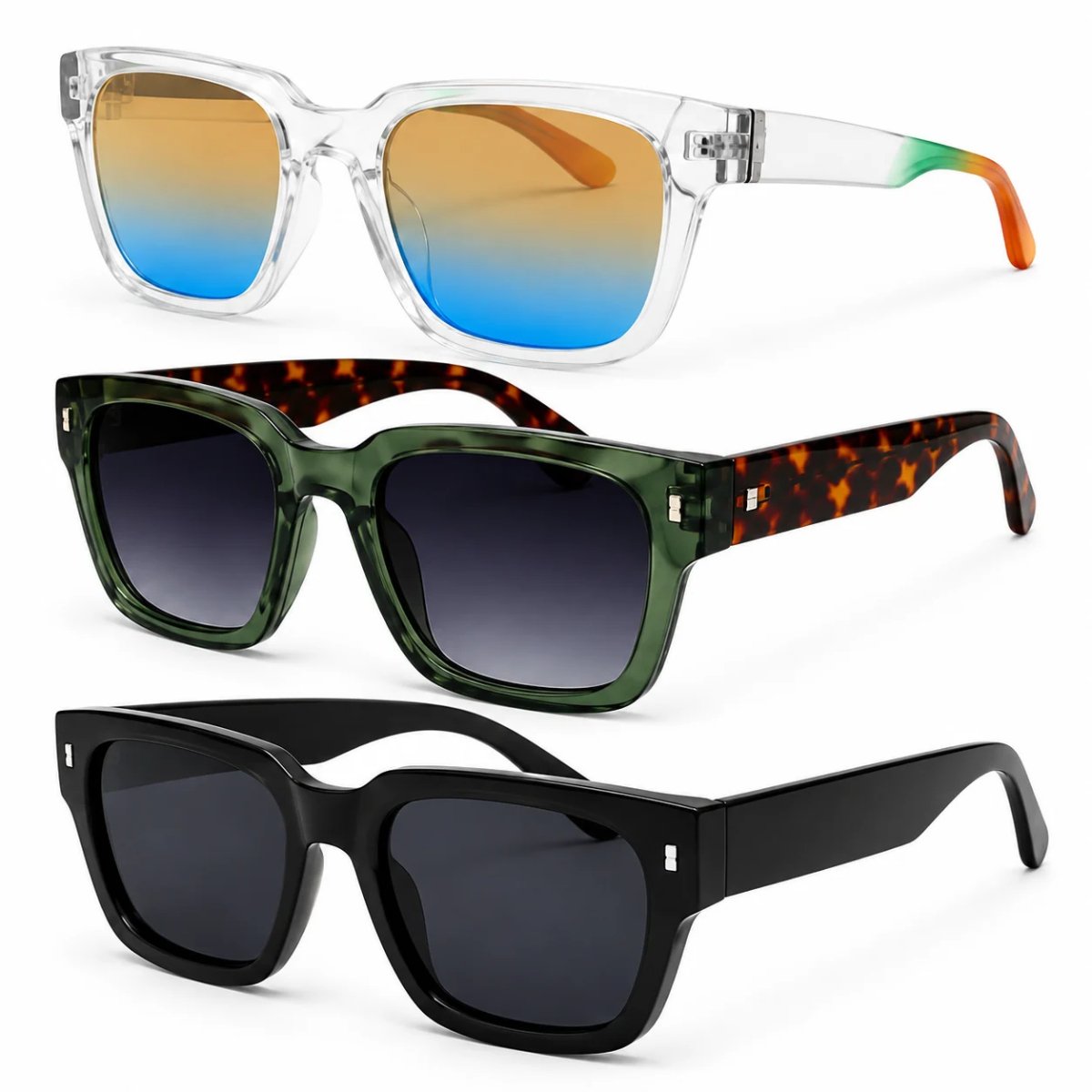 Kit 3 Óculos de Sol Unissex Quadrado Oversized Moderno Fashion com Lentes Degradê