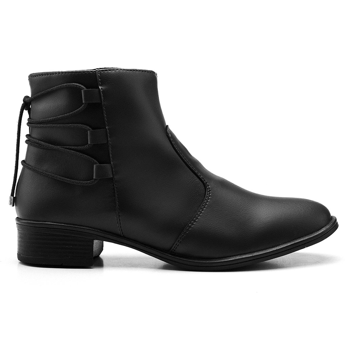 Bota Casual Feminina Bredeni Coturno Salto Baixo Ziper Lateral Detalhe Amarrar Conforto Dia a Dia Preto 2