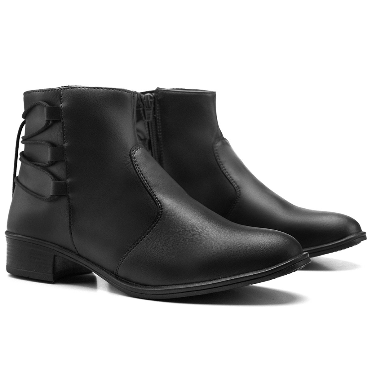Bota Casual Feminina Bredeni Coturno Salto Baixo Ziper Lateral Detalhe Amarrar Conforto Dia a Dia Preto 3