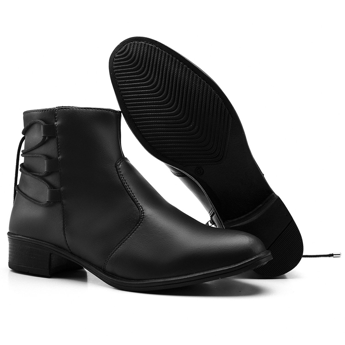 Bota Casual Feminina Bredeni Coturno Salto Baixo Ziper Lateral Detalhe Amarrar Conforto Dia a Dia Preto 4