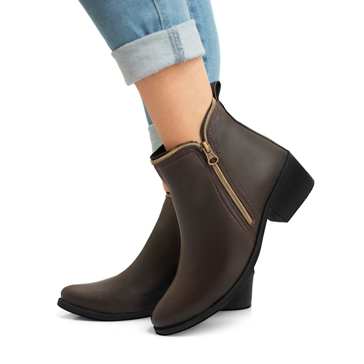 Bota Feminina Salto Baixo Bredeni Coturno Casual Ziper Conforto Dia a Dia Marrom 2