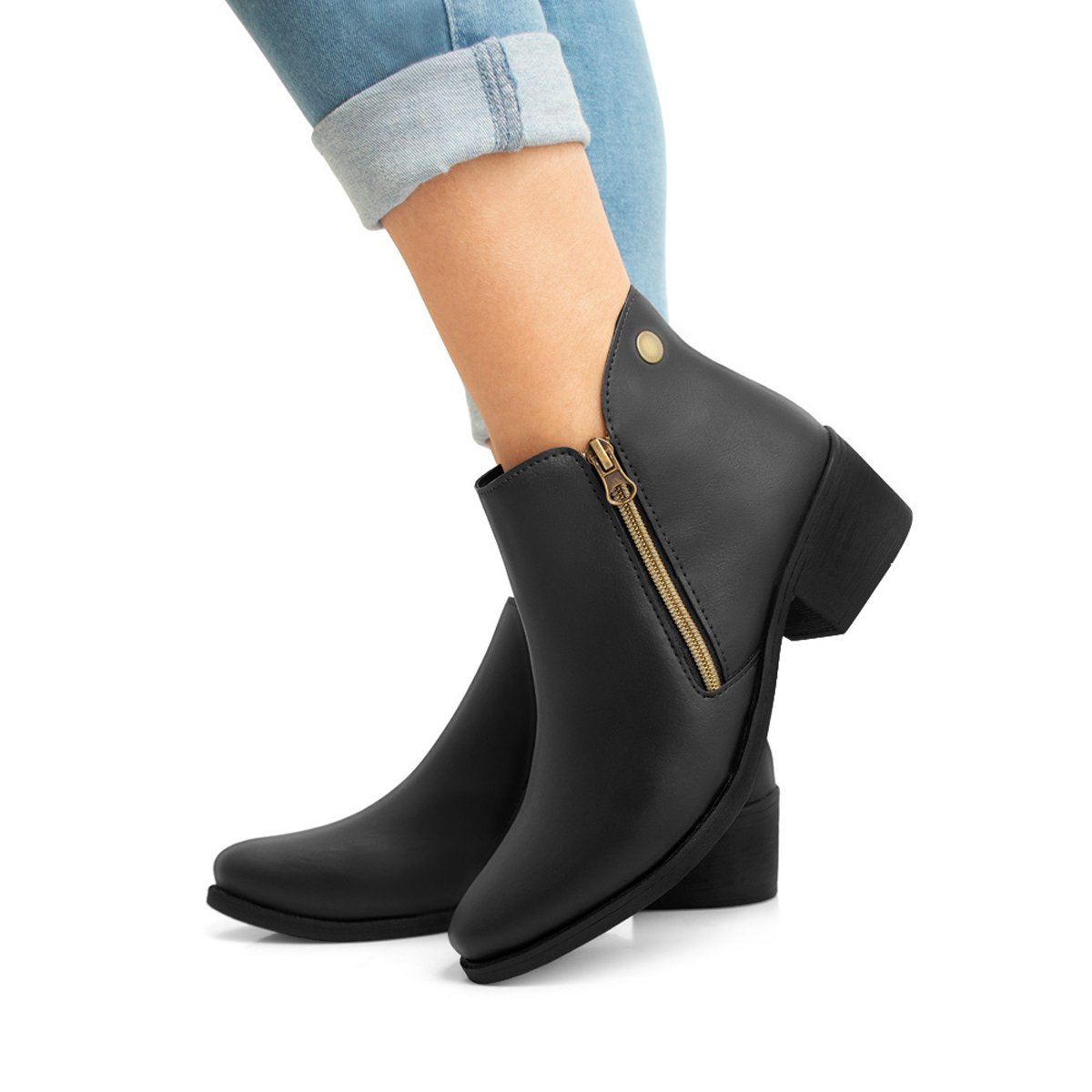 Bota Feminina Salto Baixo Bredeni Cotruno Casual Ziper Dia a Dia Conforto Preto 2