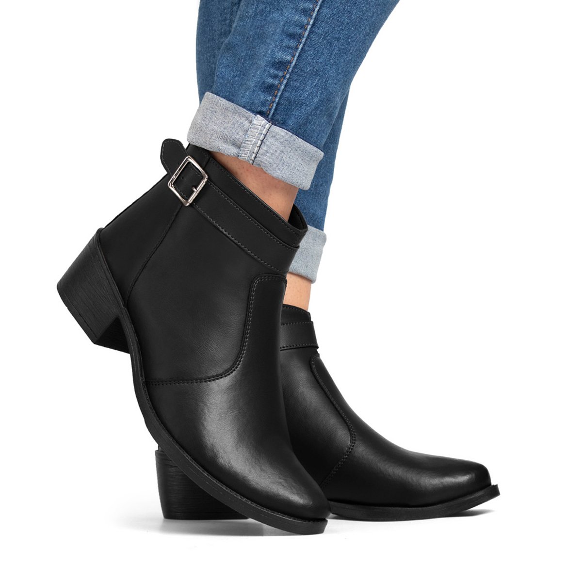 Bota Feminina Cano Curto Bredeni Coturno Com Fivela Ziper Preto 2