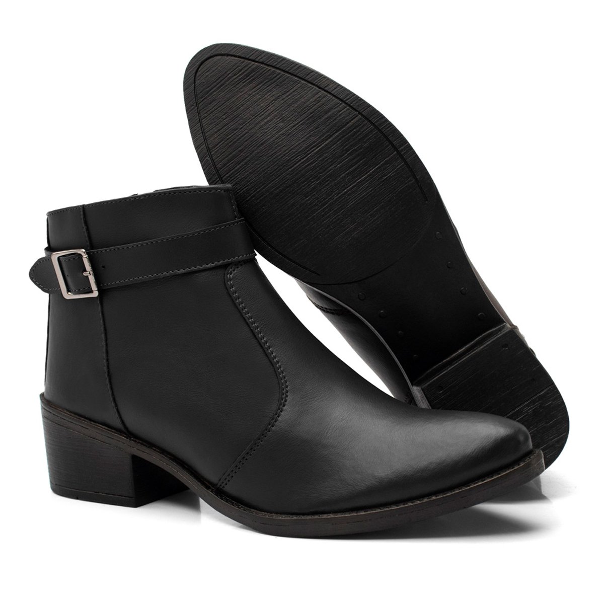 Bota Feminina Cano Curto Bredeni Coturno Com Fivela Ziper Preto 6