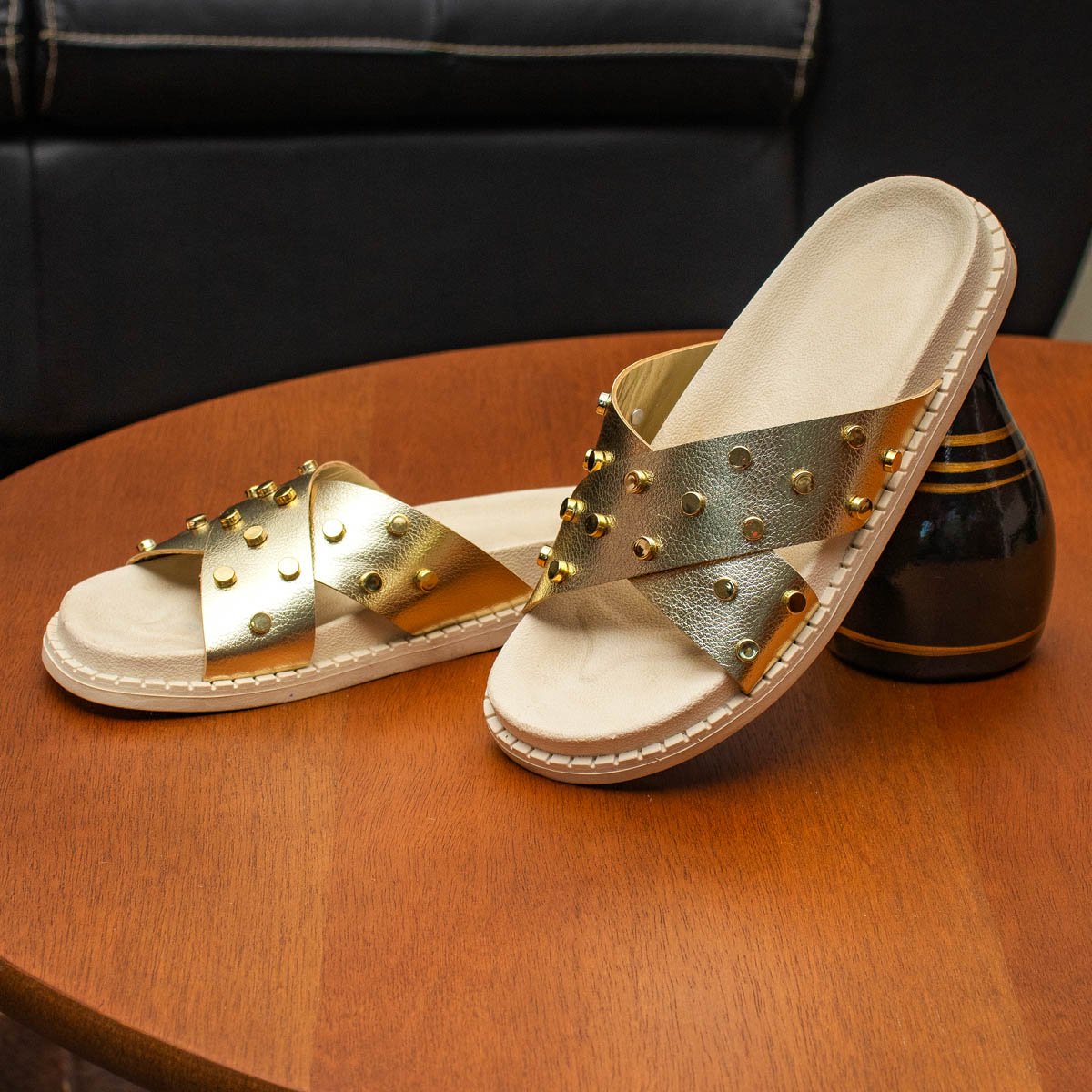 Sandalia Papete Feminina Flatform Sola Alta Enfeite Metalizado Resistente Confortavel Leve Macia Dourado 5