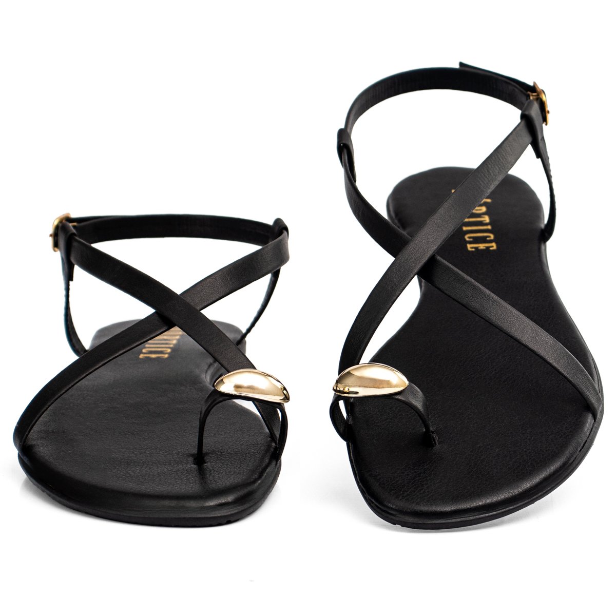 Sandalia Rasteirinha Feminina Enfeite Metalizado Dedo Ajuste Fivela Confortavel Resistente Preto 4