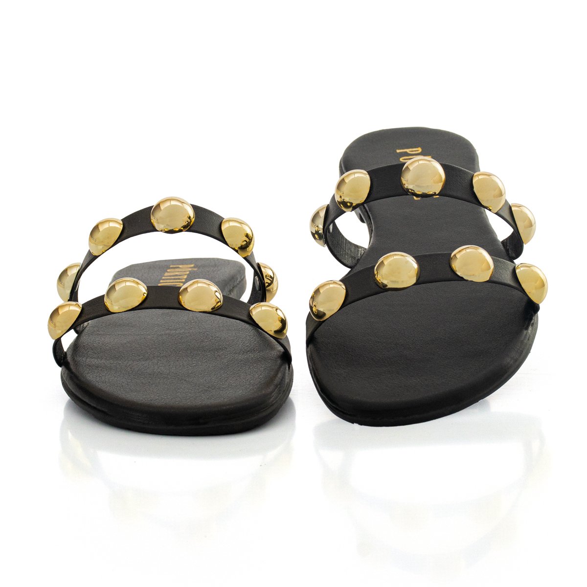 Sandalia Rasteirinha Feminina Enfeite Metalizado Esfera Bico Redondo Confortavel Preto 5