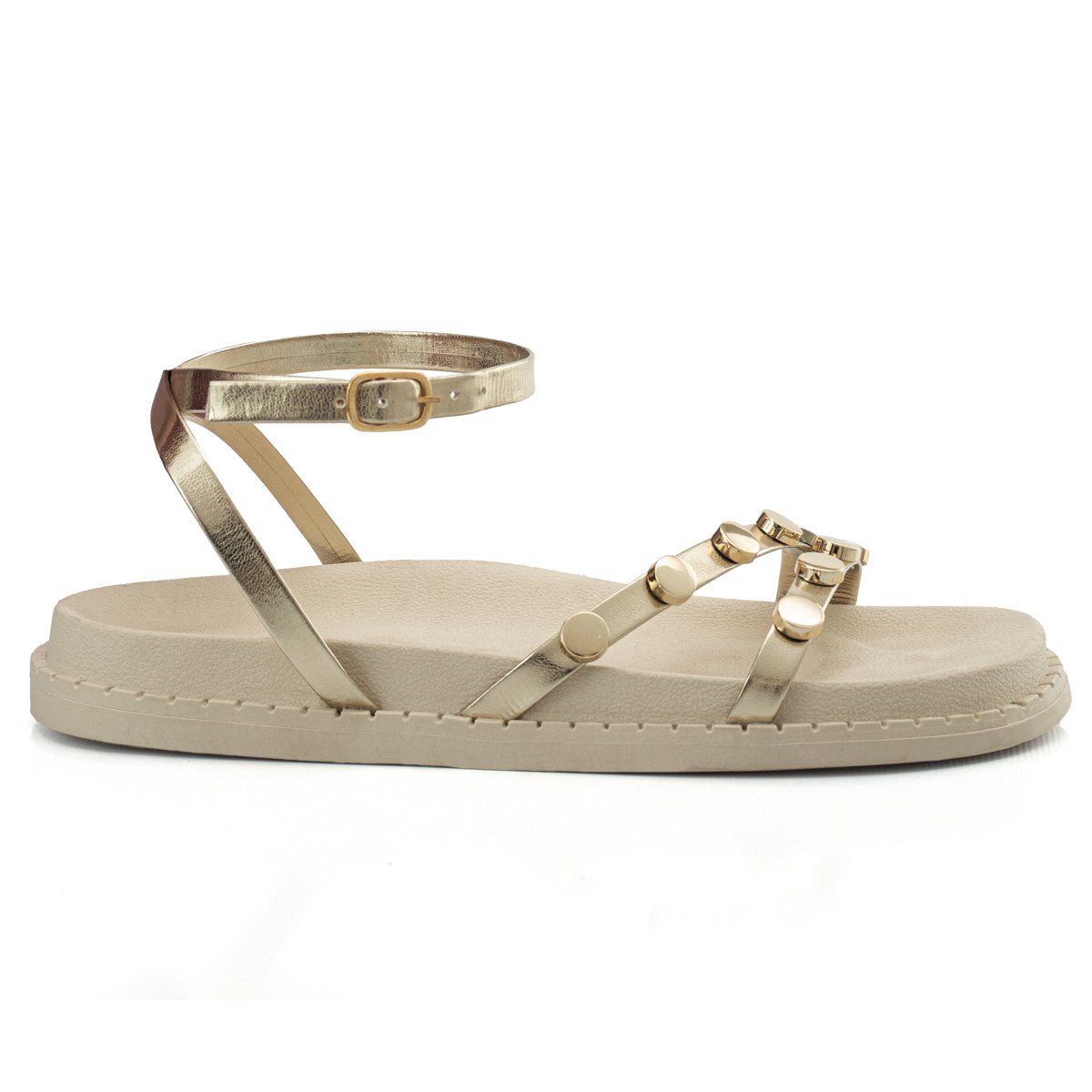 Sandalia Papete Feminina Flatform Sola Alta Tira Tornozelo Enfeite Metalizado Resistente Confortavel Dourado 3