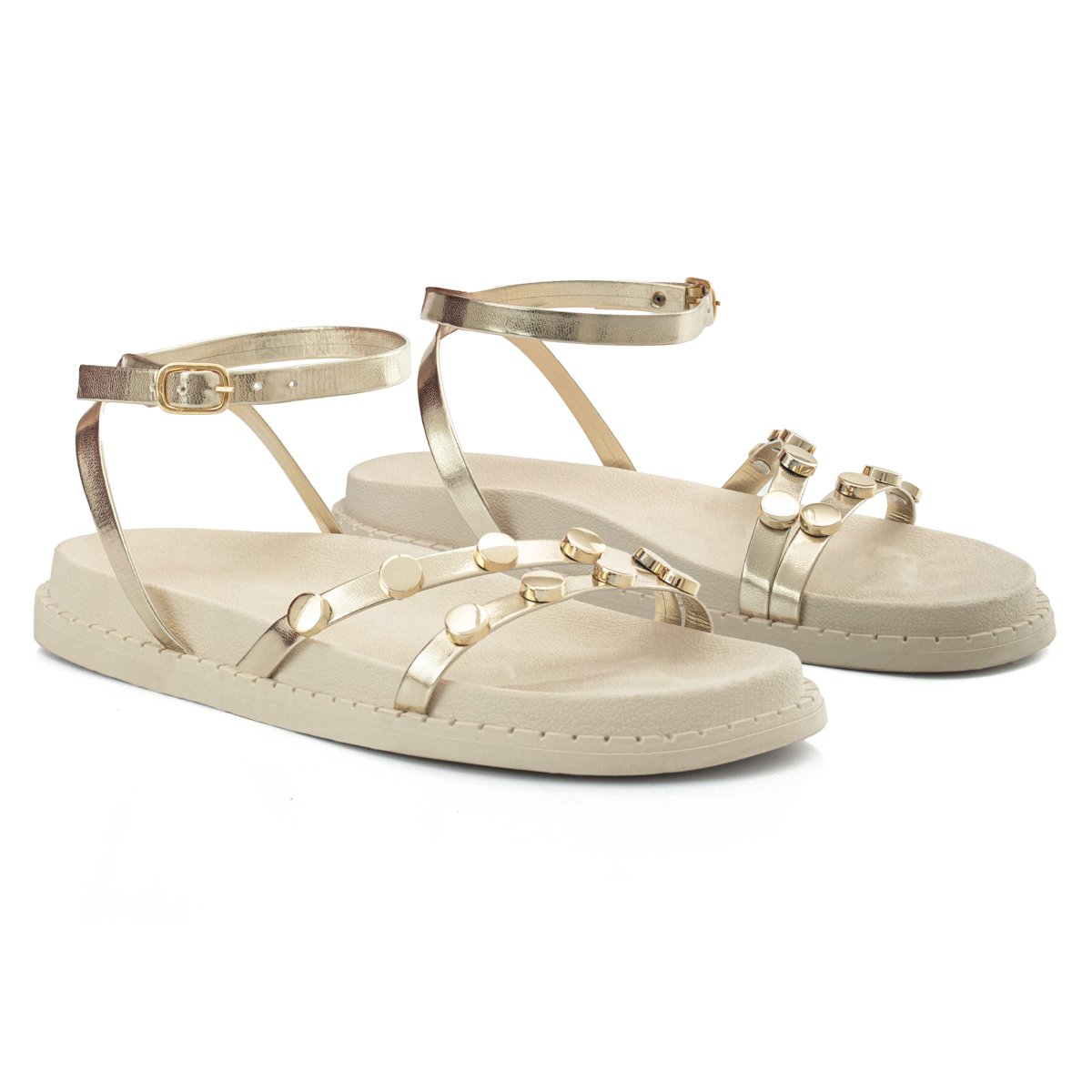 Sandalia Papete Feminina Flatform Sola Alta Tira Tornozelo Enfeite Metalizado Resistente Confortavel Dourado 4