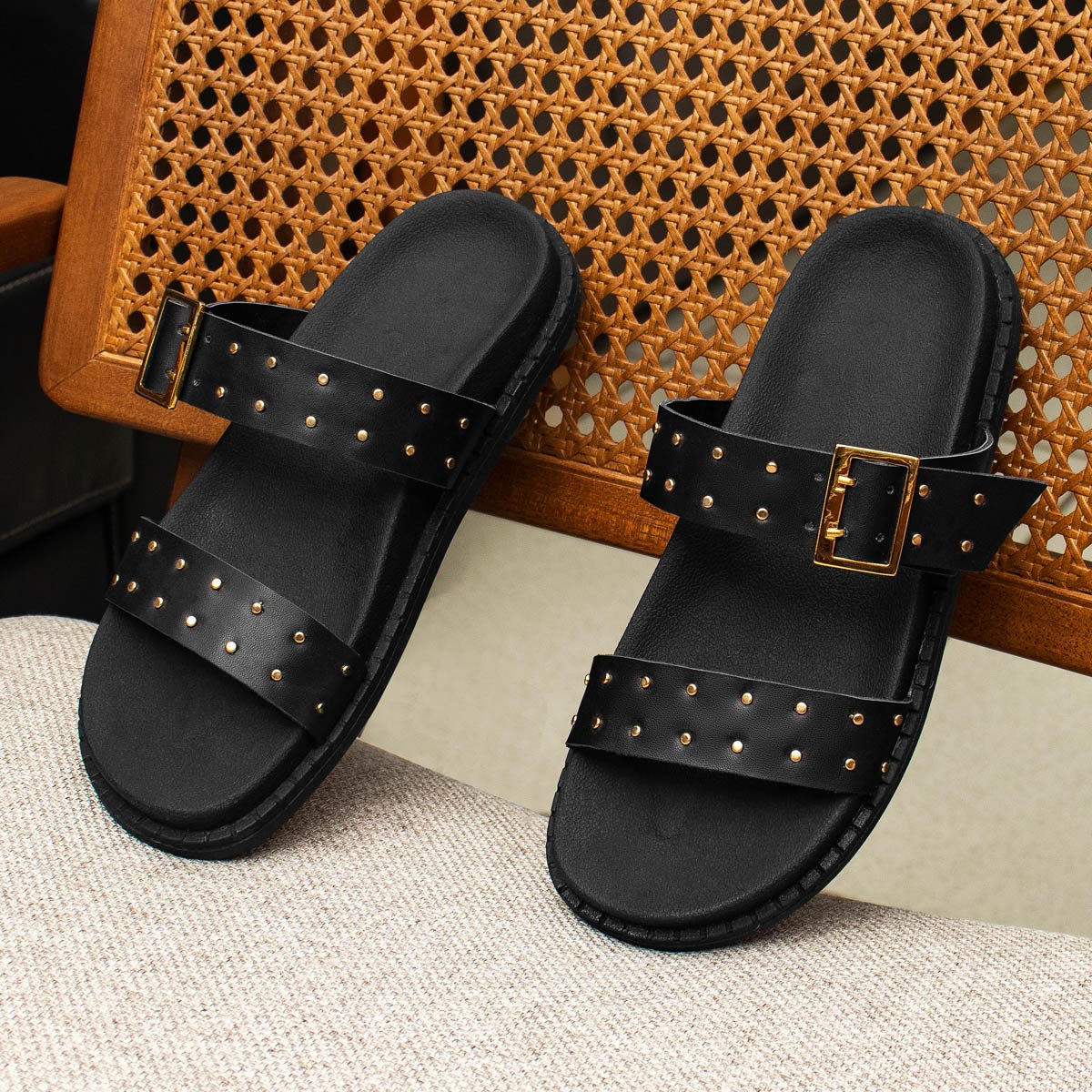 Sandalia Papete Feminina Flatform Sola Alta Slide Enfeite Metalizado Resistente Confortavel Preto 6