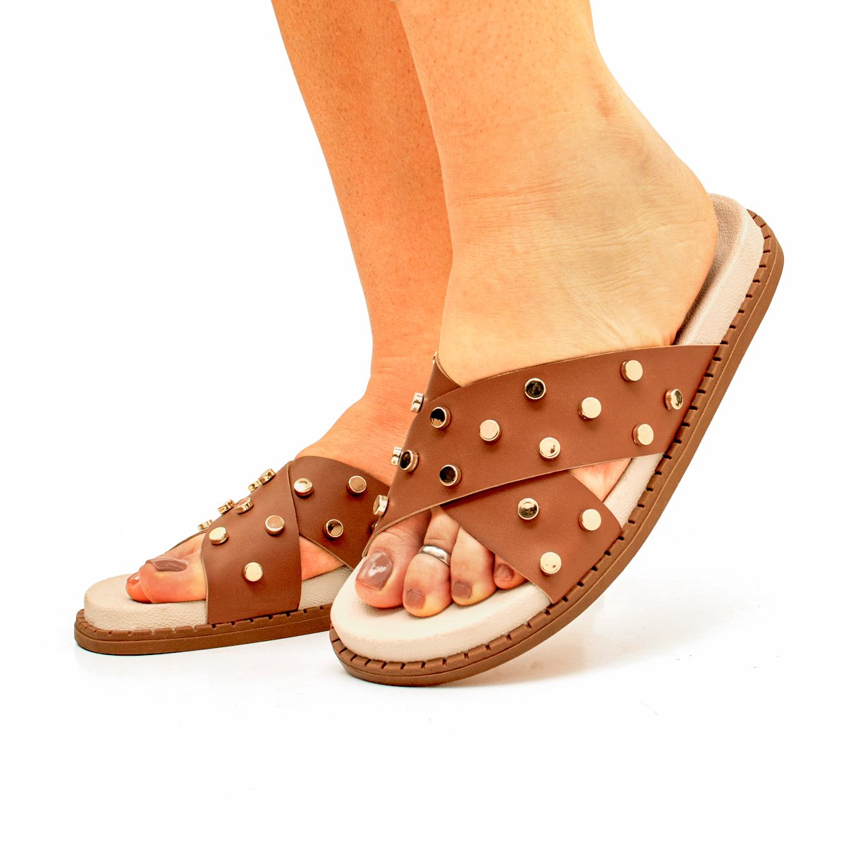 Sandalia Papete Feminina Flatform Sola Alta Enfeite Metalizado Confortavel Resistente Leve Macia Marrom 5