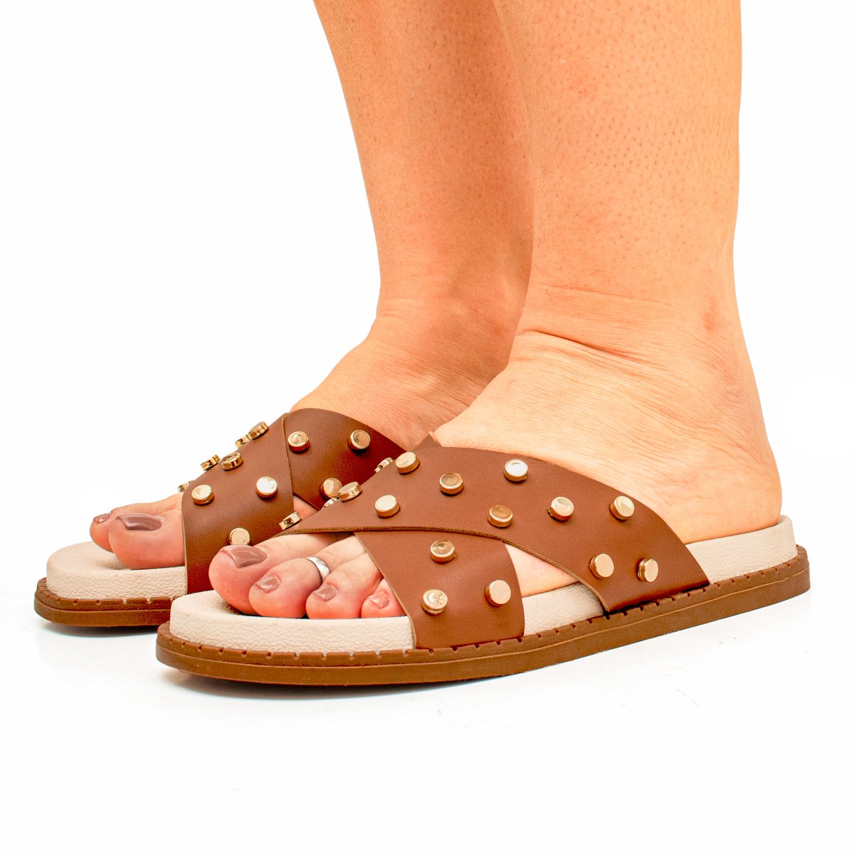 Sandalia Papete Feminina Flatform Sola Alta Enfeite Metalizado Confortavel Resistente Leve Macia Marrom 6