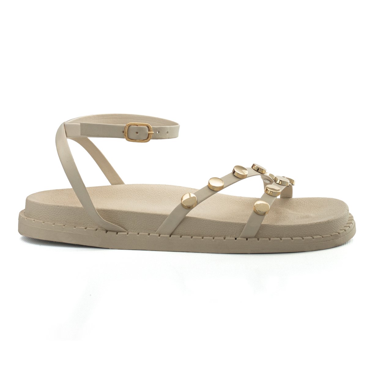 Sandalia Papete Feminina Flatform Tira Tornozelo Sola Alta Enfeite Metalizado Resistente Confortavel Off White 3