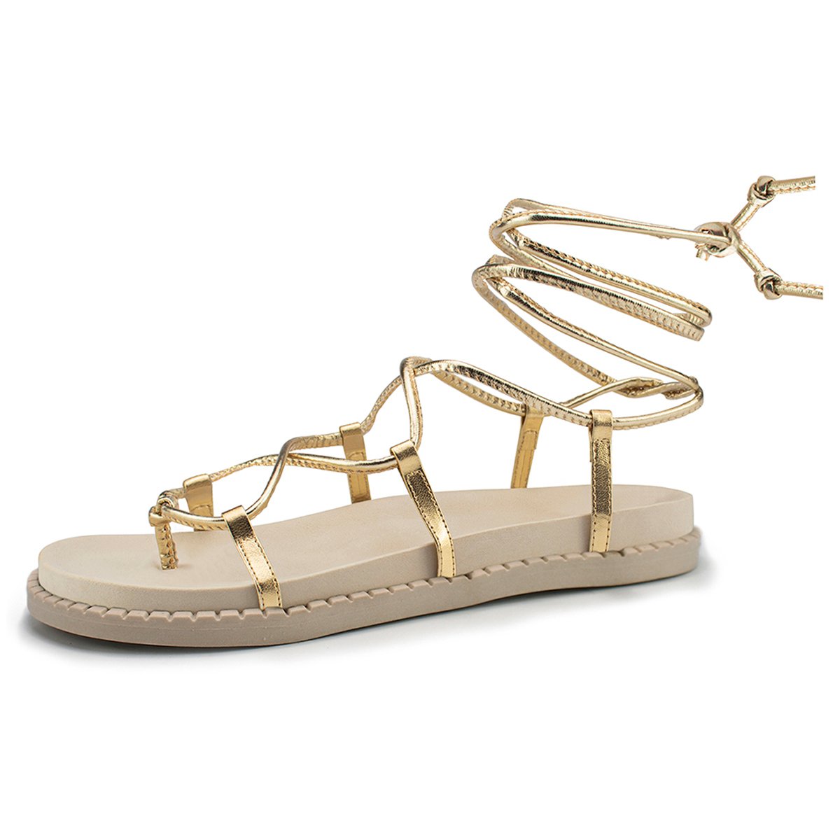 Sandalia Feminina Bredeni Rasteira Papete Gladiadora Amarrar Perna Dourado