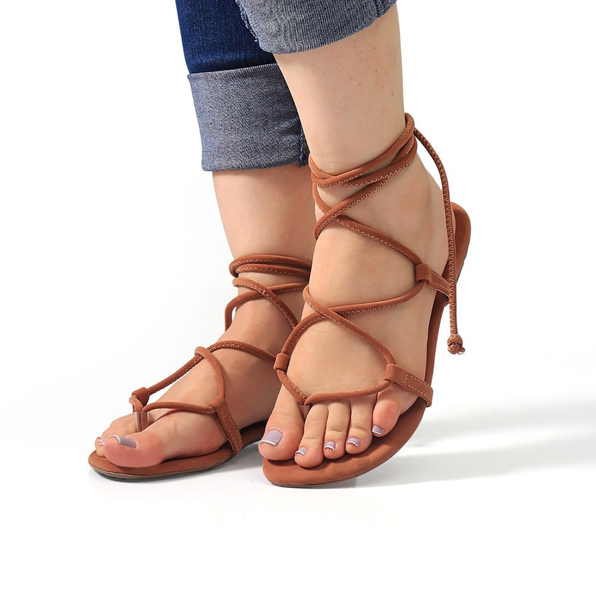 Sandalia Feminina Bredeni Rasteira Gladiadora Amarrar Perna Dourado Marrom 2