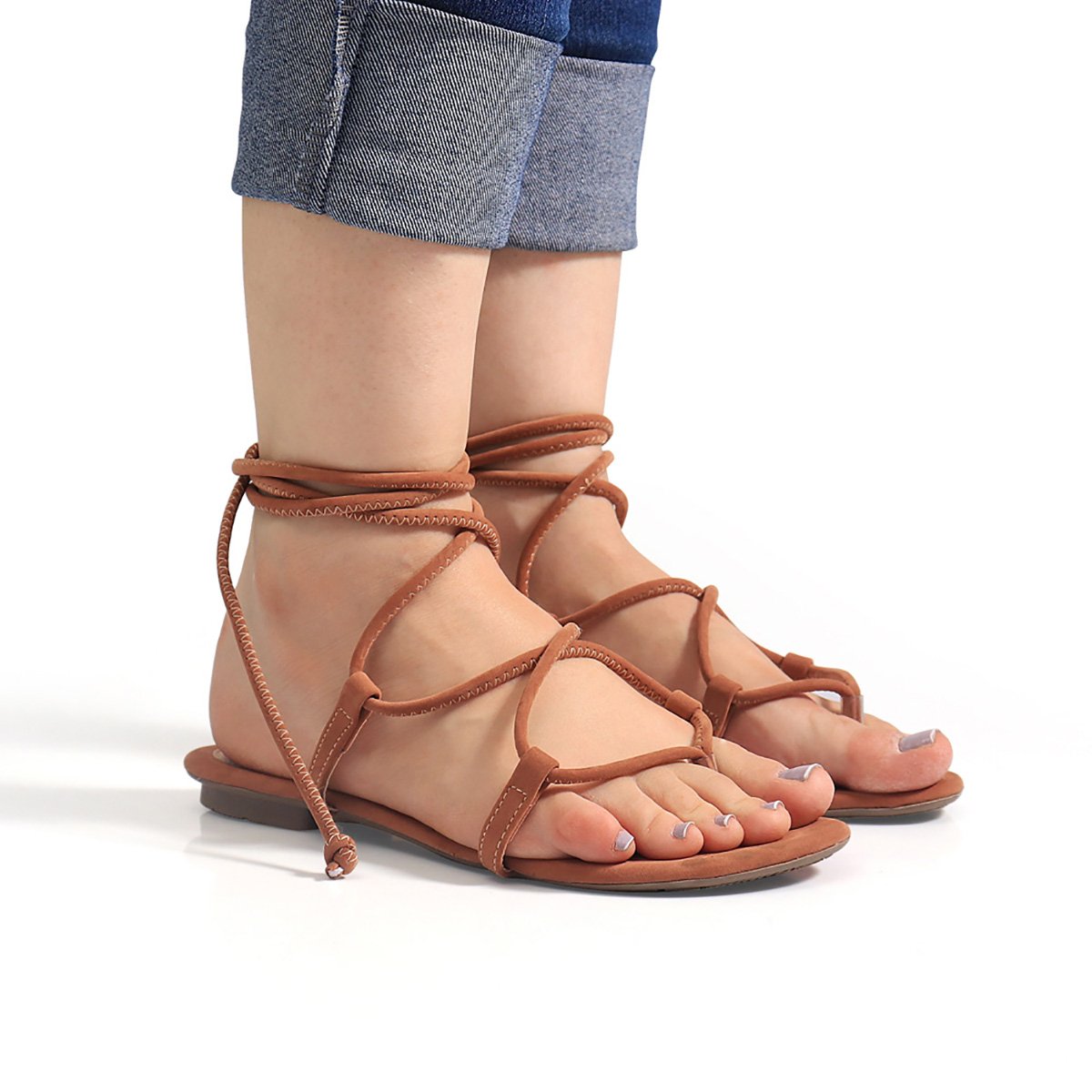 Sandalia Feminina Bredeni Rasteira Gladiadora Amarrar Perna Dourado Marrom 3