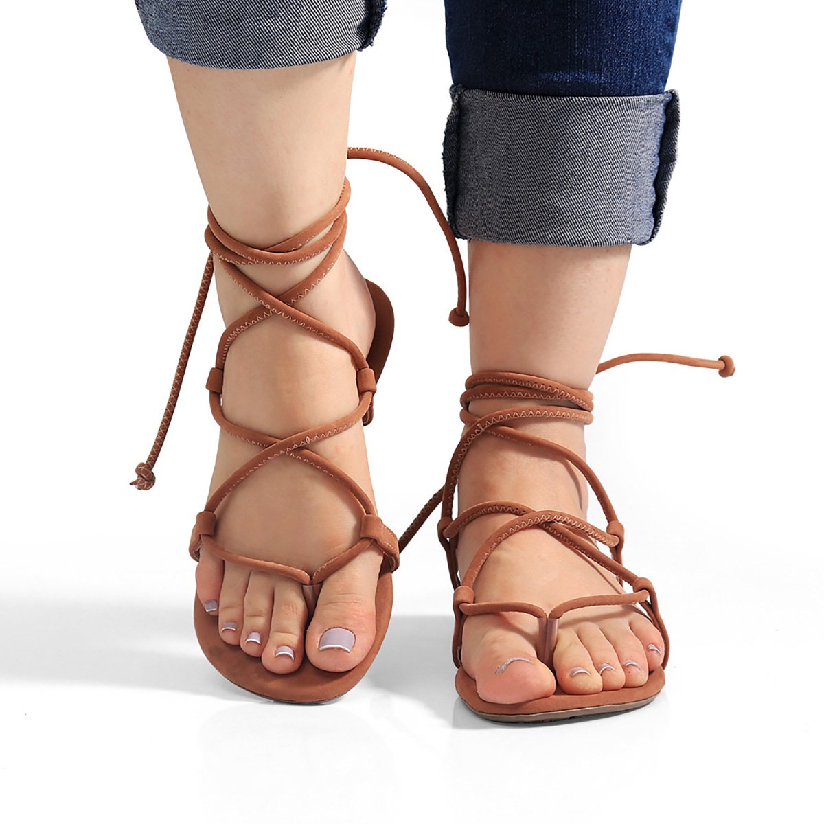 Sandalia Feminina Bredeni Rasteira Gladiadora Amarrar Perna Dourado Marrom 4