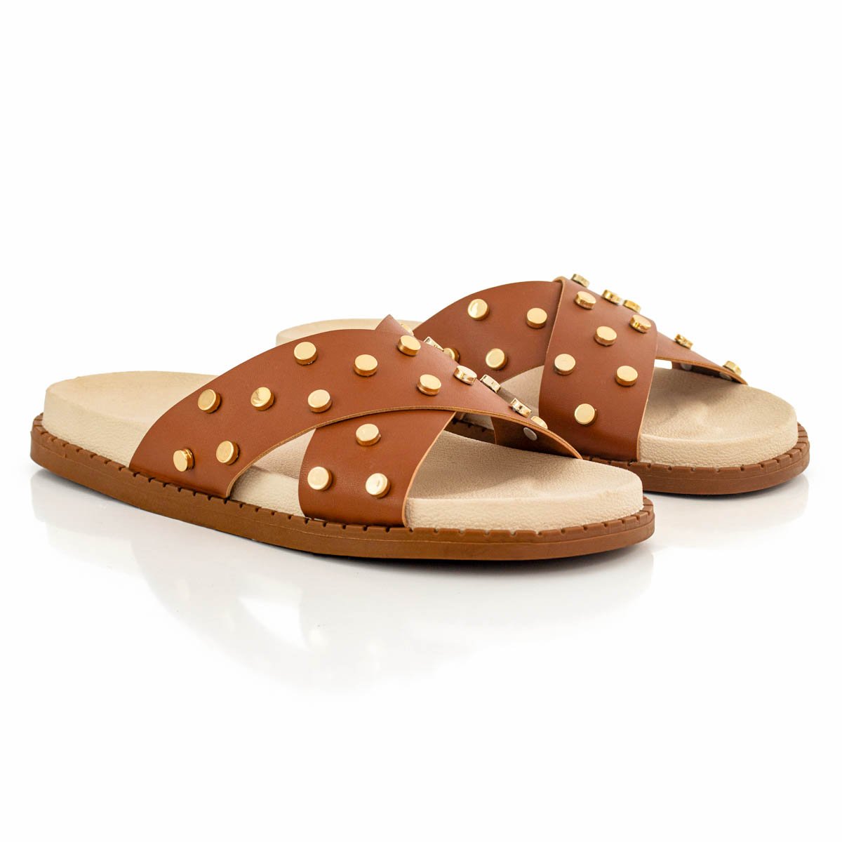 Sandalia Papete Feminina Flatform Enfeite Metalizado Sola Alta Confortavel Resistente Leve Macia Caramelo 3