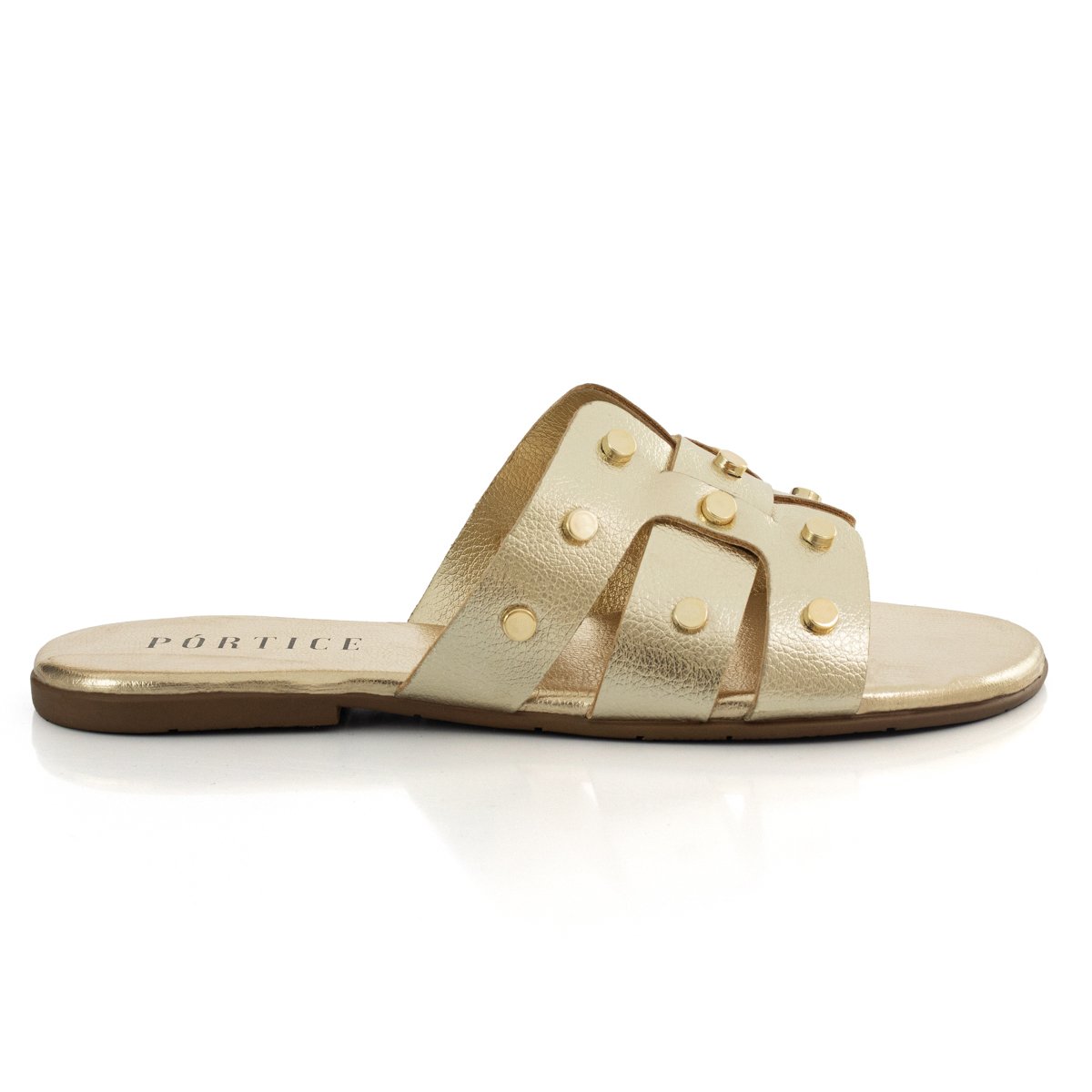 Sandalia Rasteira Feminina Slide H Enfeite Metalizado Confortavel Resistente Dourado 2