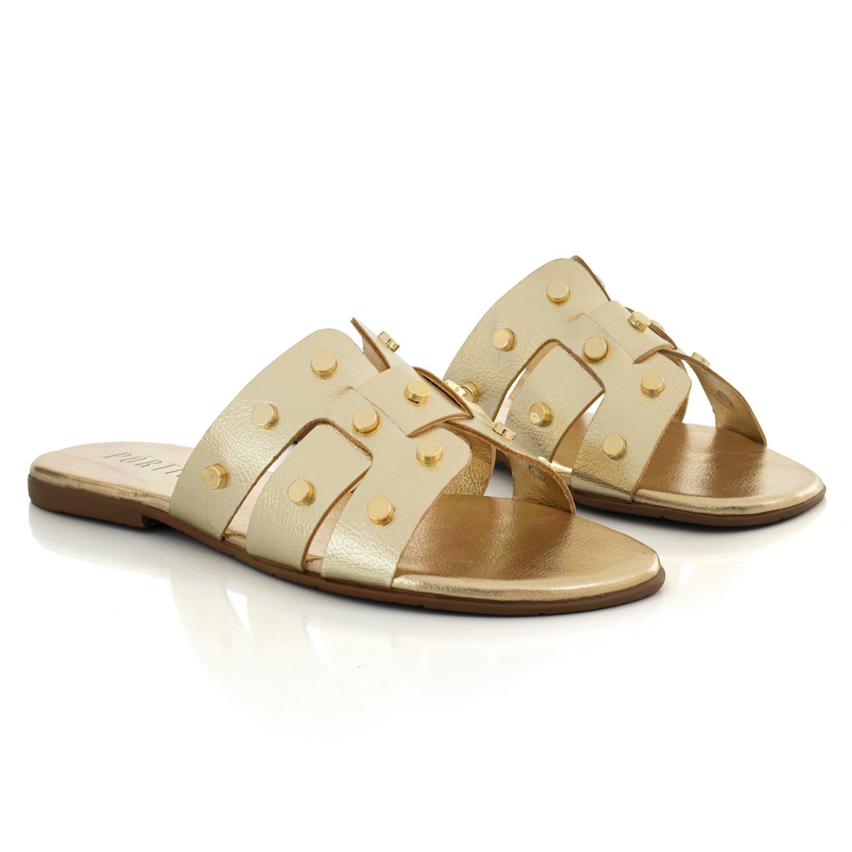 Sandalia Rasteira Feminina Slide H Enfeite Metalizado Confortavel Resistente Dourado 3