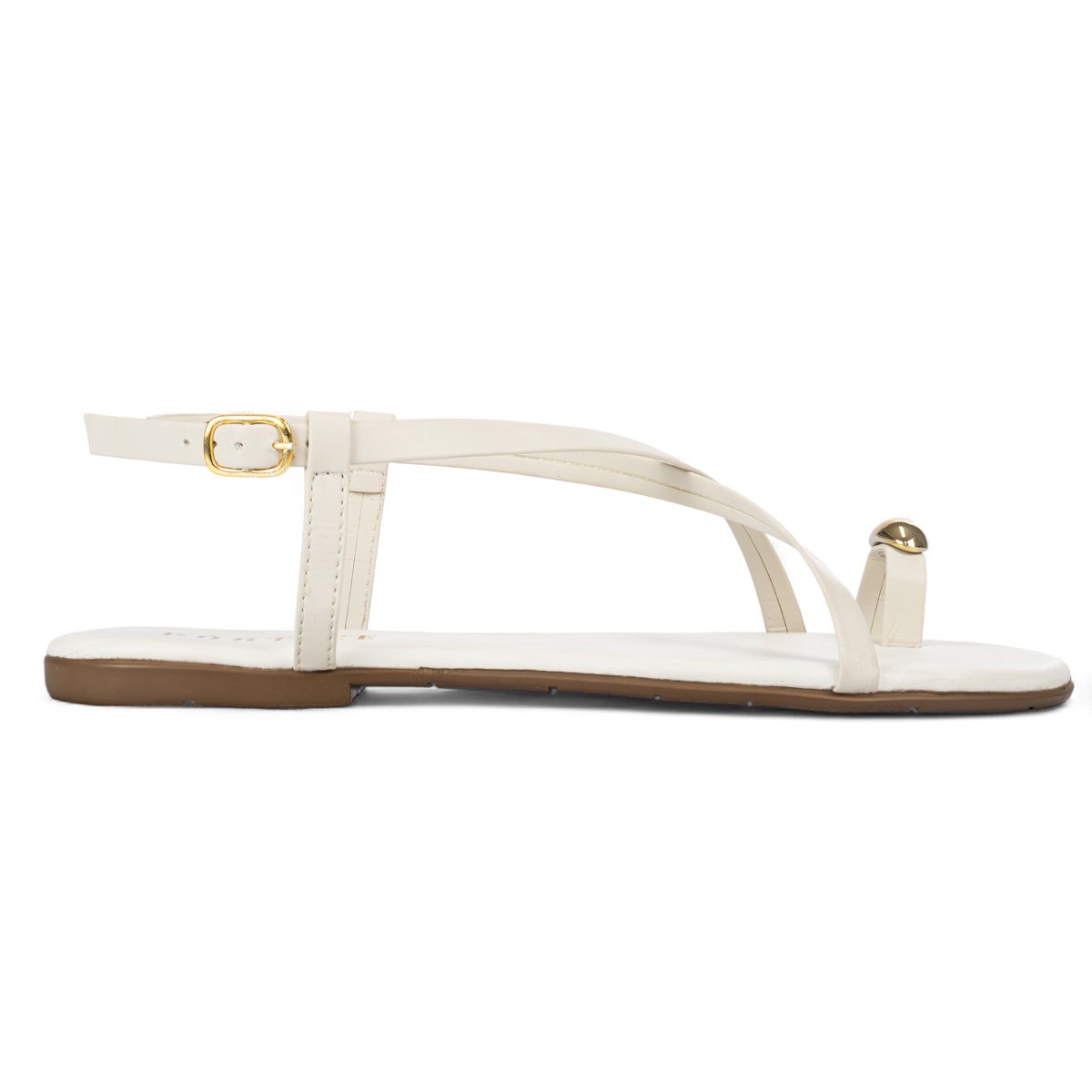 Sandalia Rasteira Feminina Enfeite Metalizado Dedo Ajuste Fivela Confortavel Resistente Off White 2