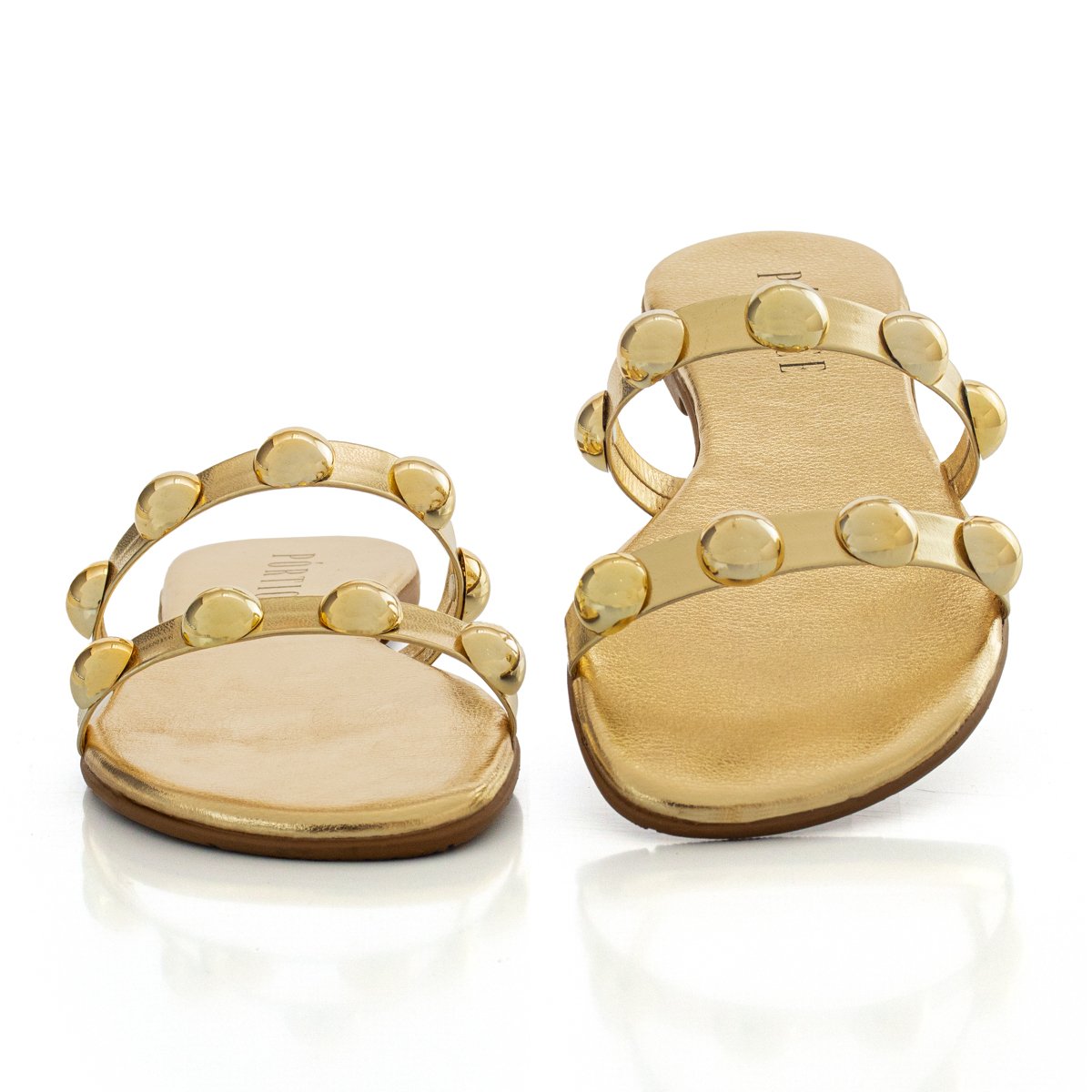 Sandalia Rasteira Feminina Enfeite Metalizado Esfera Confortavel Bico Redondo Dourado 4