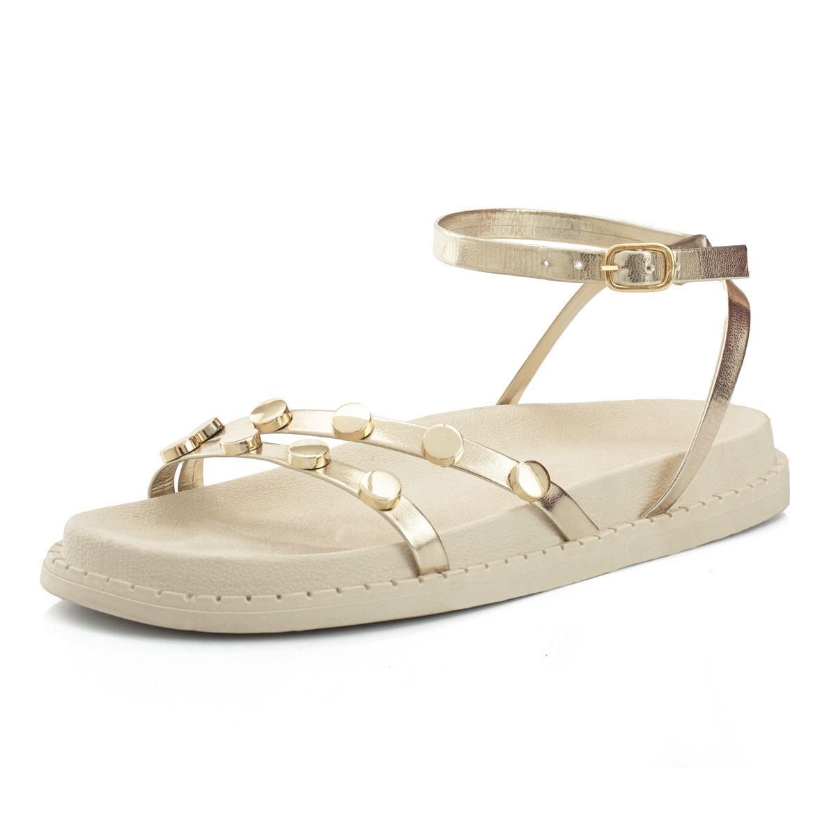 Sandalia Papete Feminina Flatform Tira Tornozelo Enfeite Metalizado Confortavel Resistente