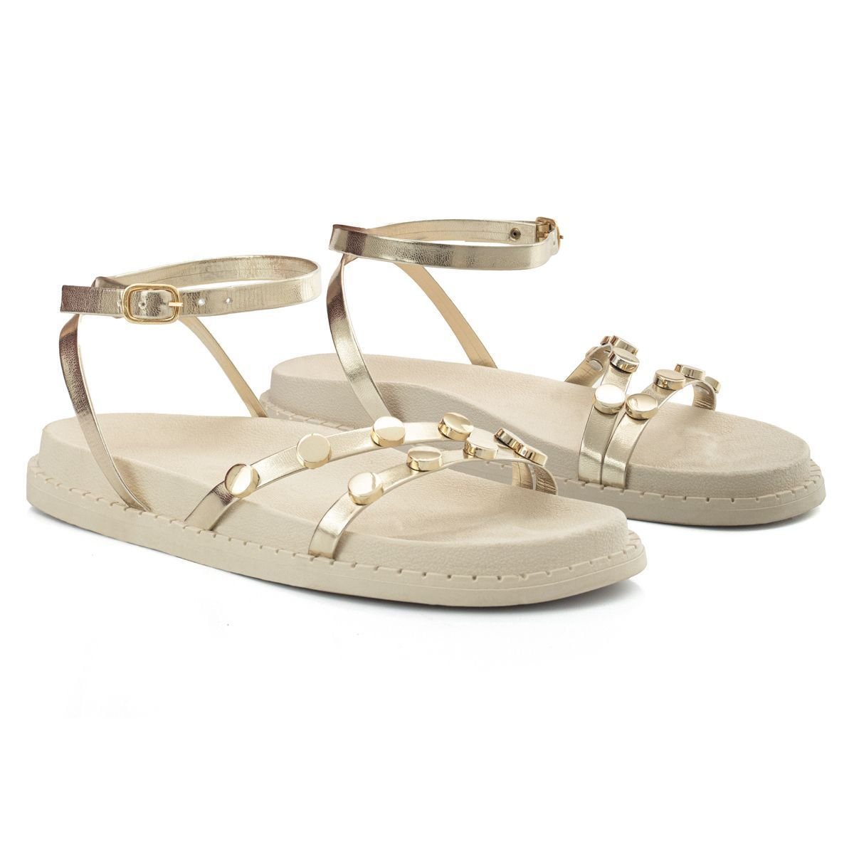 Sandalia Papete Feminina Flatform Tira Tornozelo Enfeite Metalizado Confortavel Resistente Dourado 3