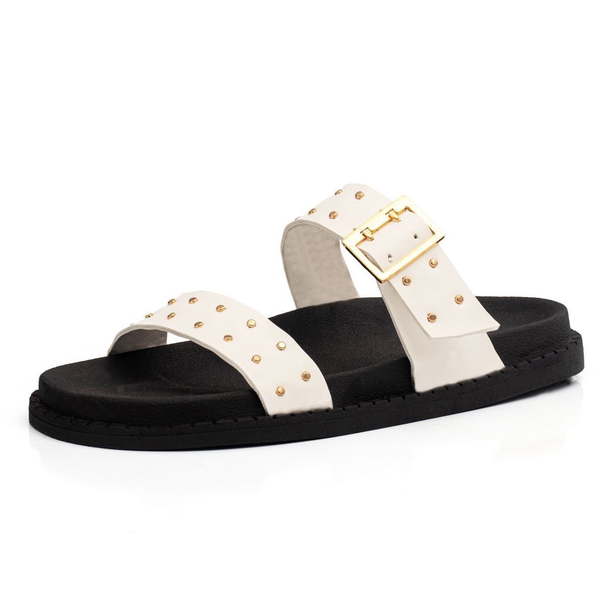 Sandalia Papete Feminina Flatform Slide Sola Alta Enfeite Metalizado Confortavel Resistente
