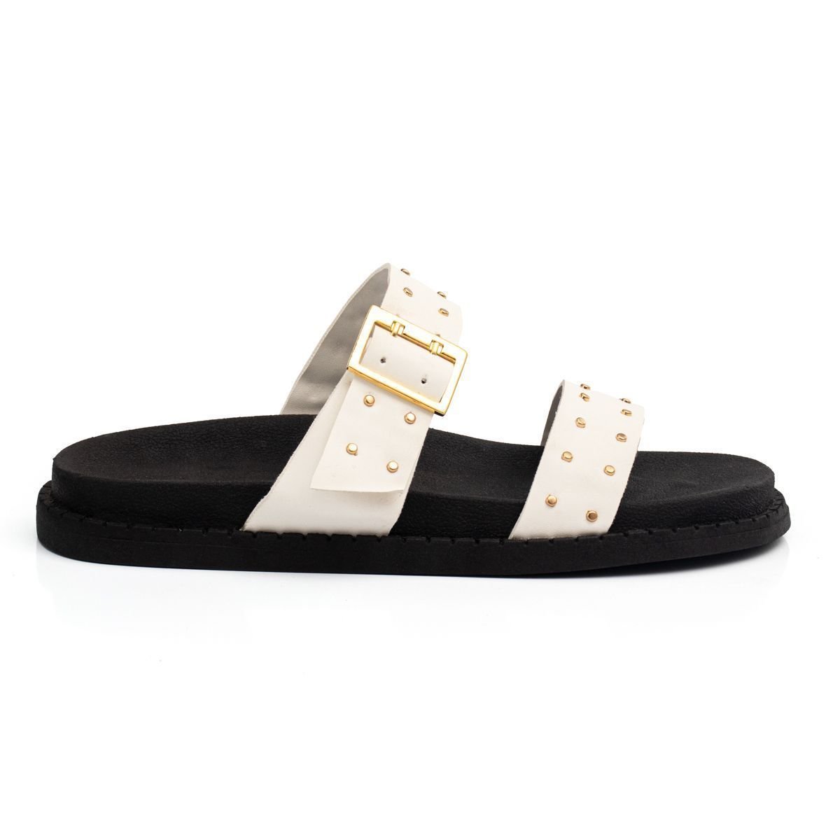 Sandalia Papete Feminina Flatform Slide Sola Alta Enfeite Metalizado Confortavel Resistente Off White 2