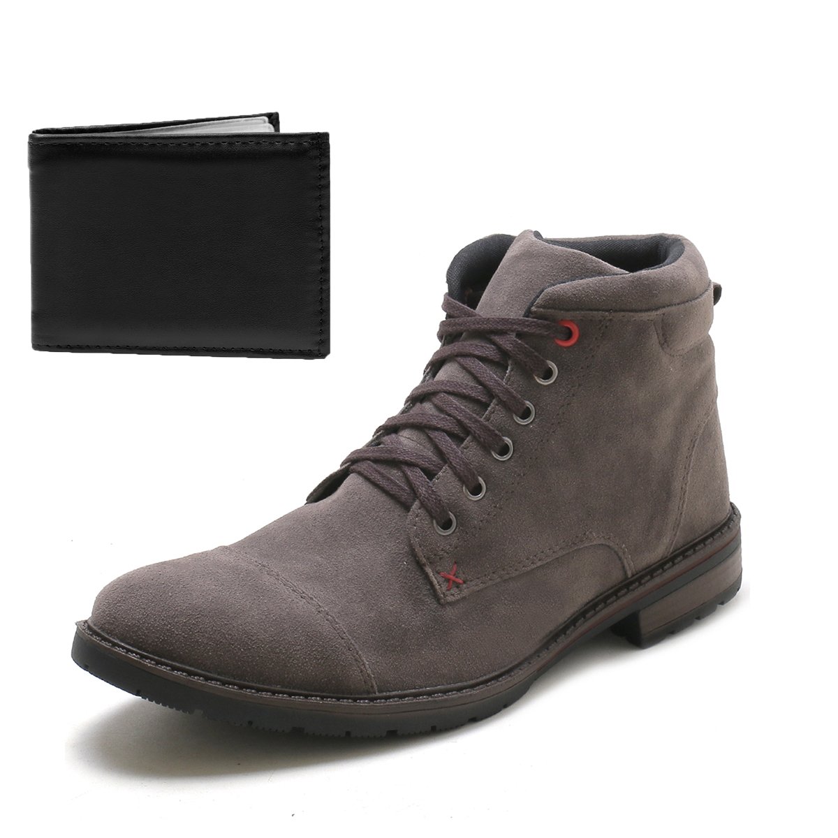 Bota Masculina Casual Com Carteira Bredeni Coturno Cano Medio Camurca Confortavel Macio Cinza 2