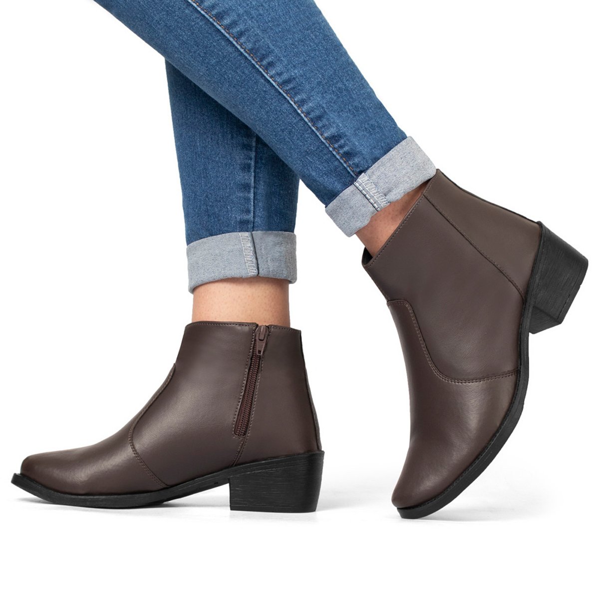 Bota Feminina Casual Bredeni Cano Curto Salto Baixo Bloco Grosso Ziper Leve Confortavel Marrom 2