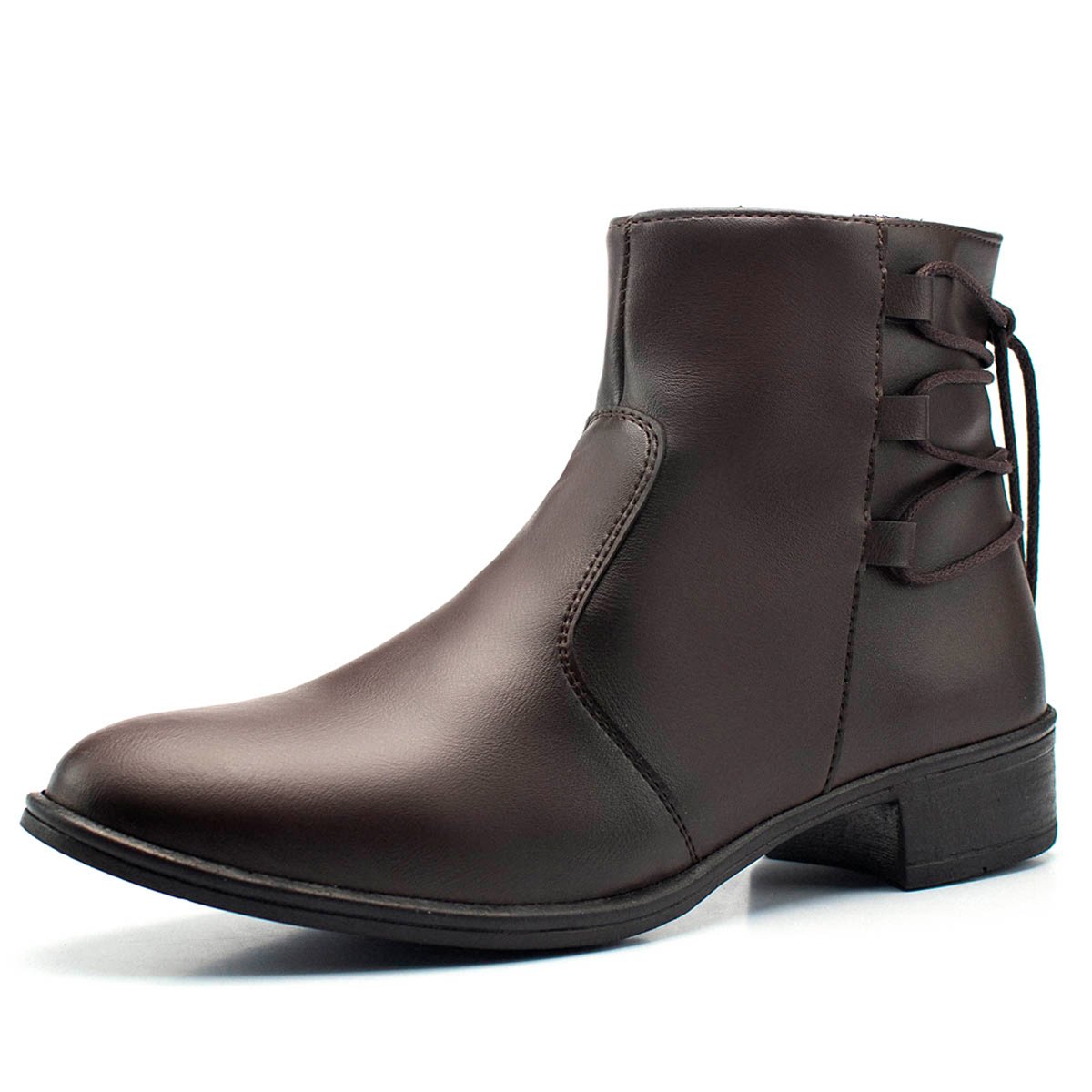 Bota Feminina Casual Bredeni Cano Curto Salto Baixo Bloco Grosso Ziper Confortavel Leve Marrom 3